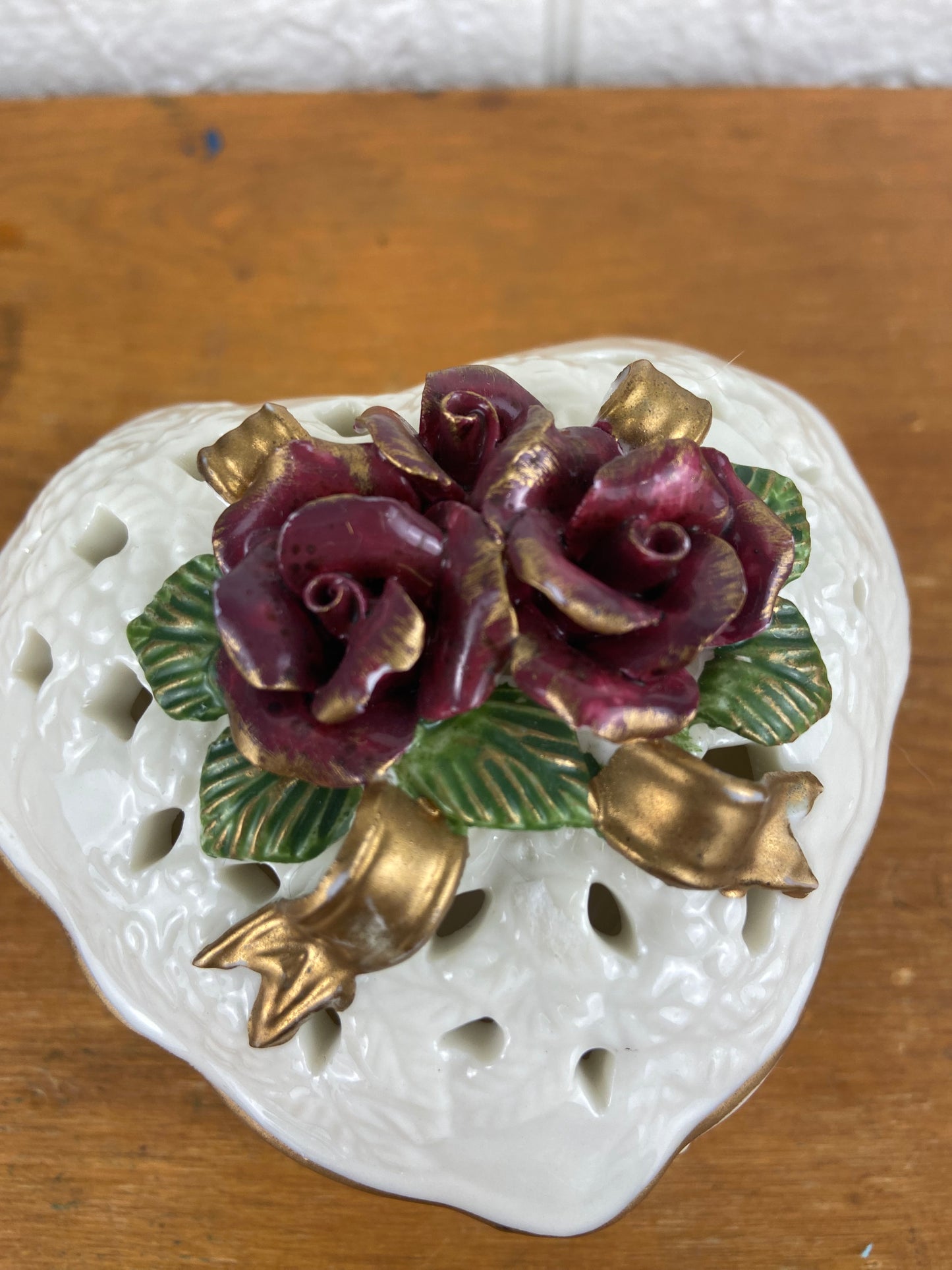 Ceramic Heart-Shaped Trinket Box with Floral Accents