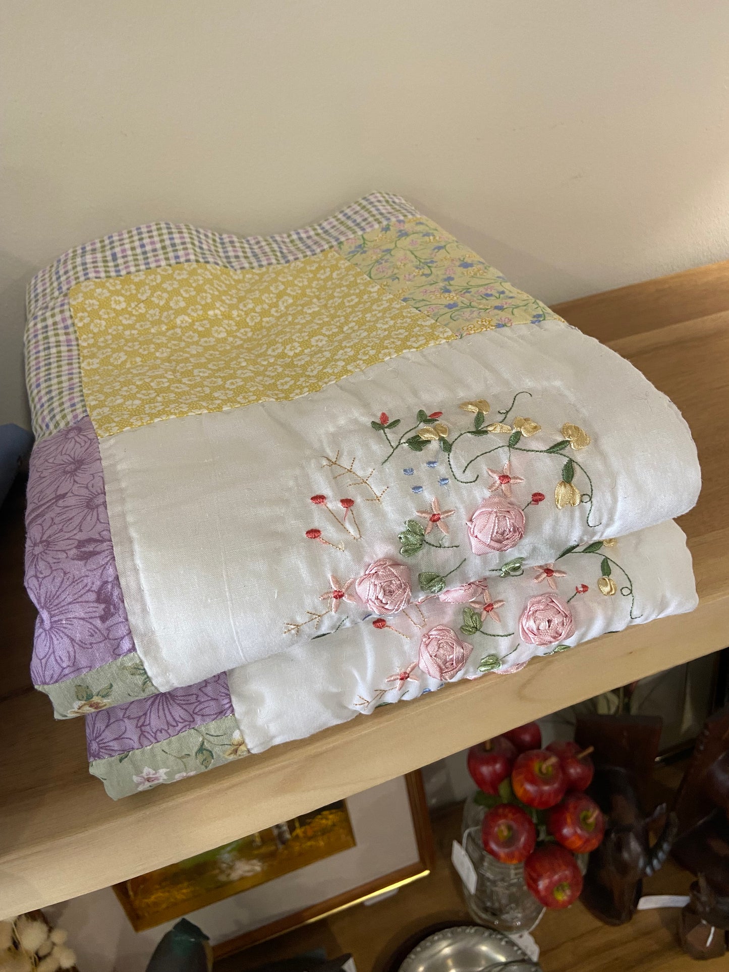 Pair of Quilted Pillow Shams with Ribbon Embroidery