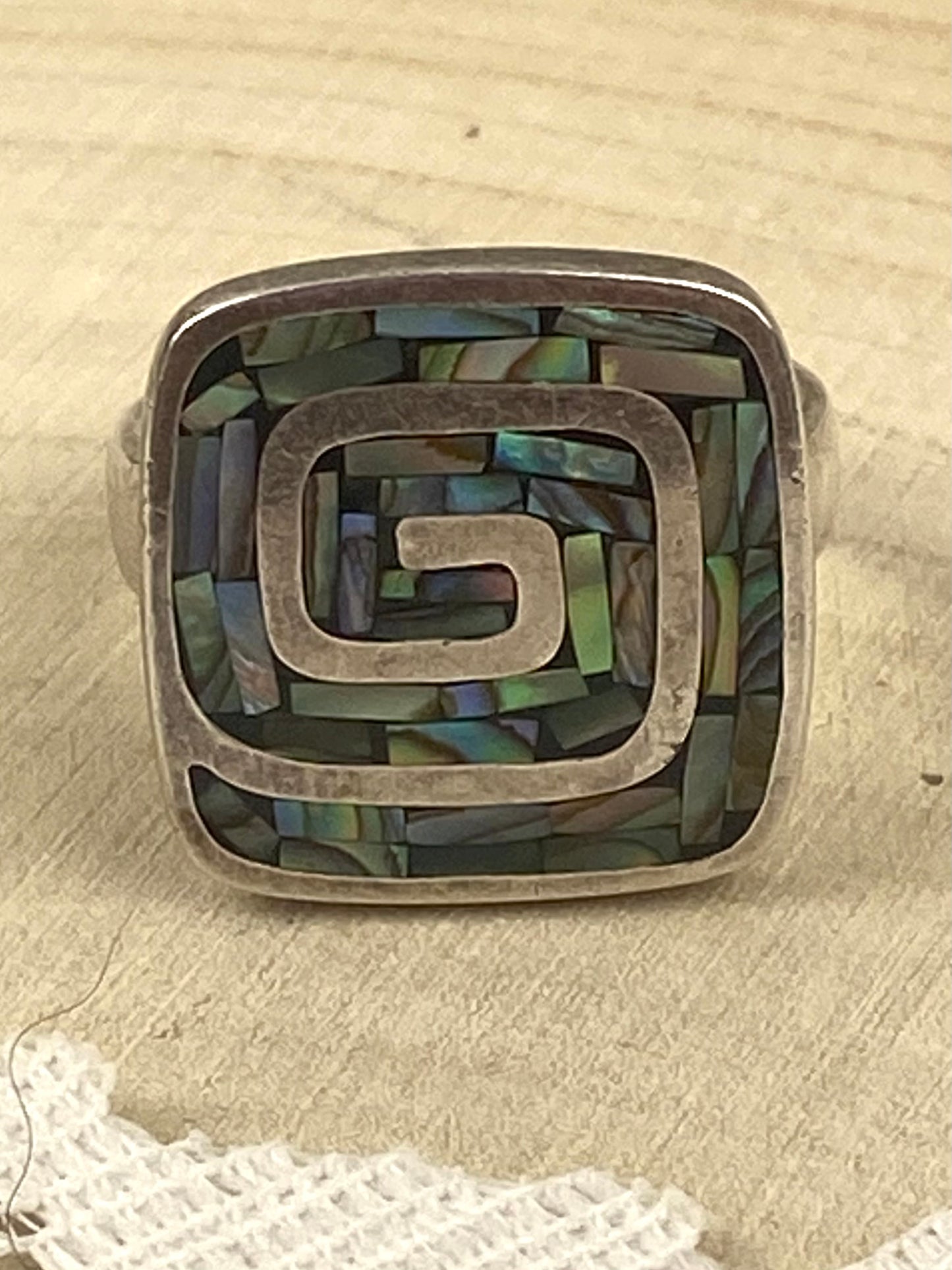 925 Sterling Silver Ring with Square Spiral | Inlaid with Mosaic Abalone Shell