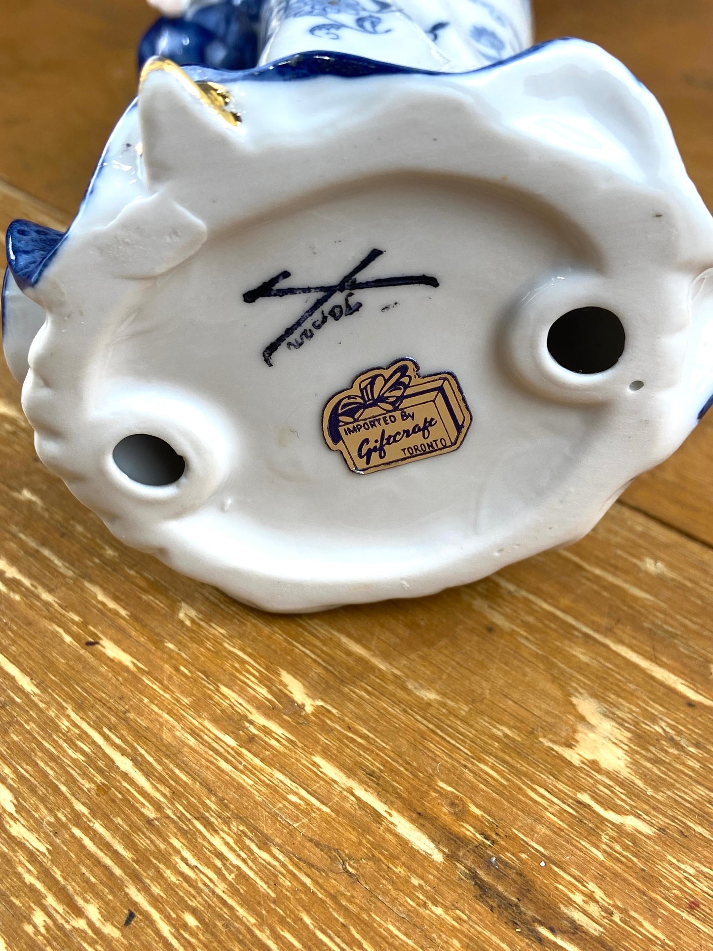 Blue and White Porcelain Figurine | Woman with Hat & Purse