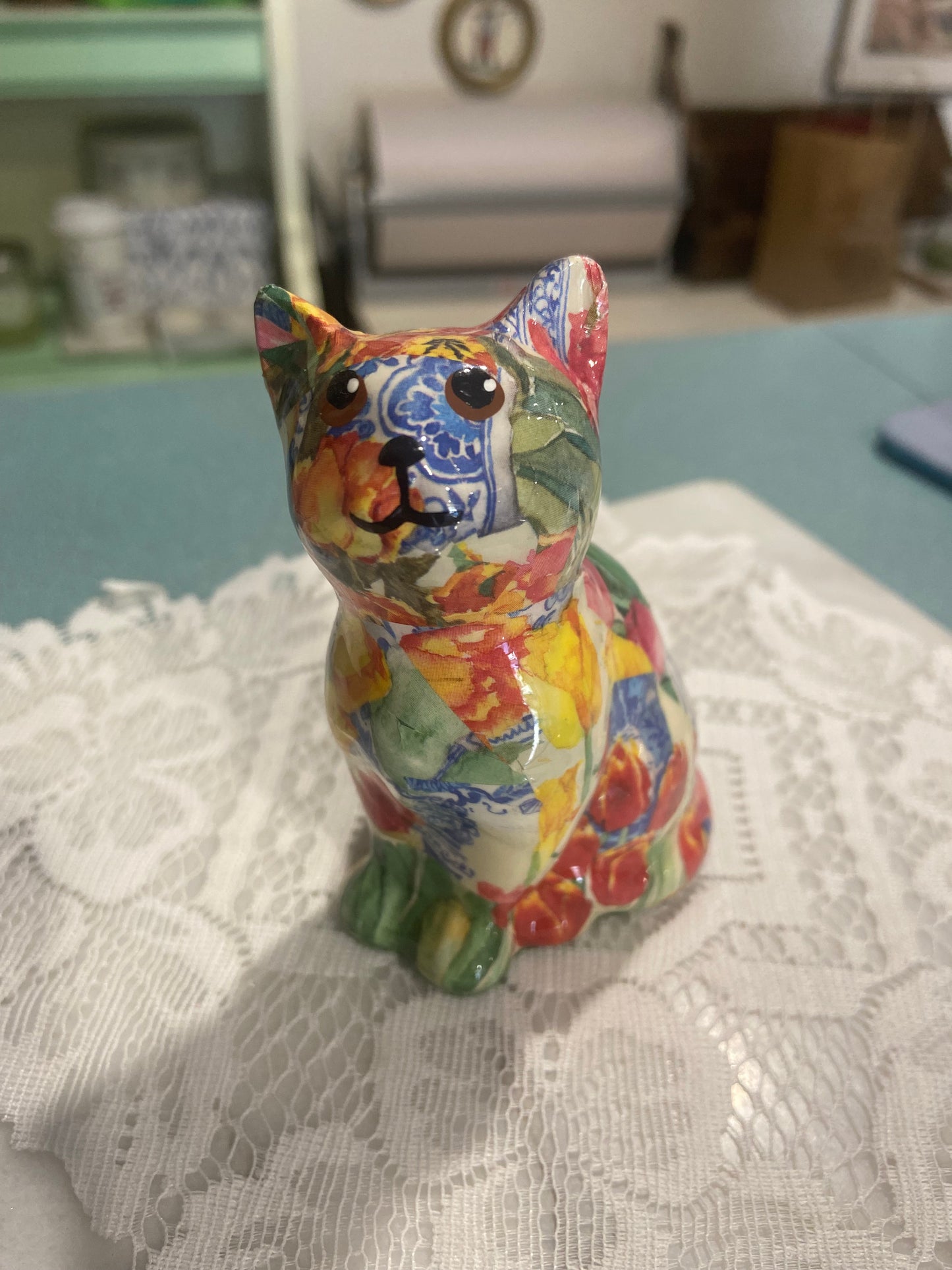 Vintage Decoupage Cat Figurine by Linda Edgington
