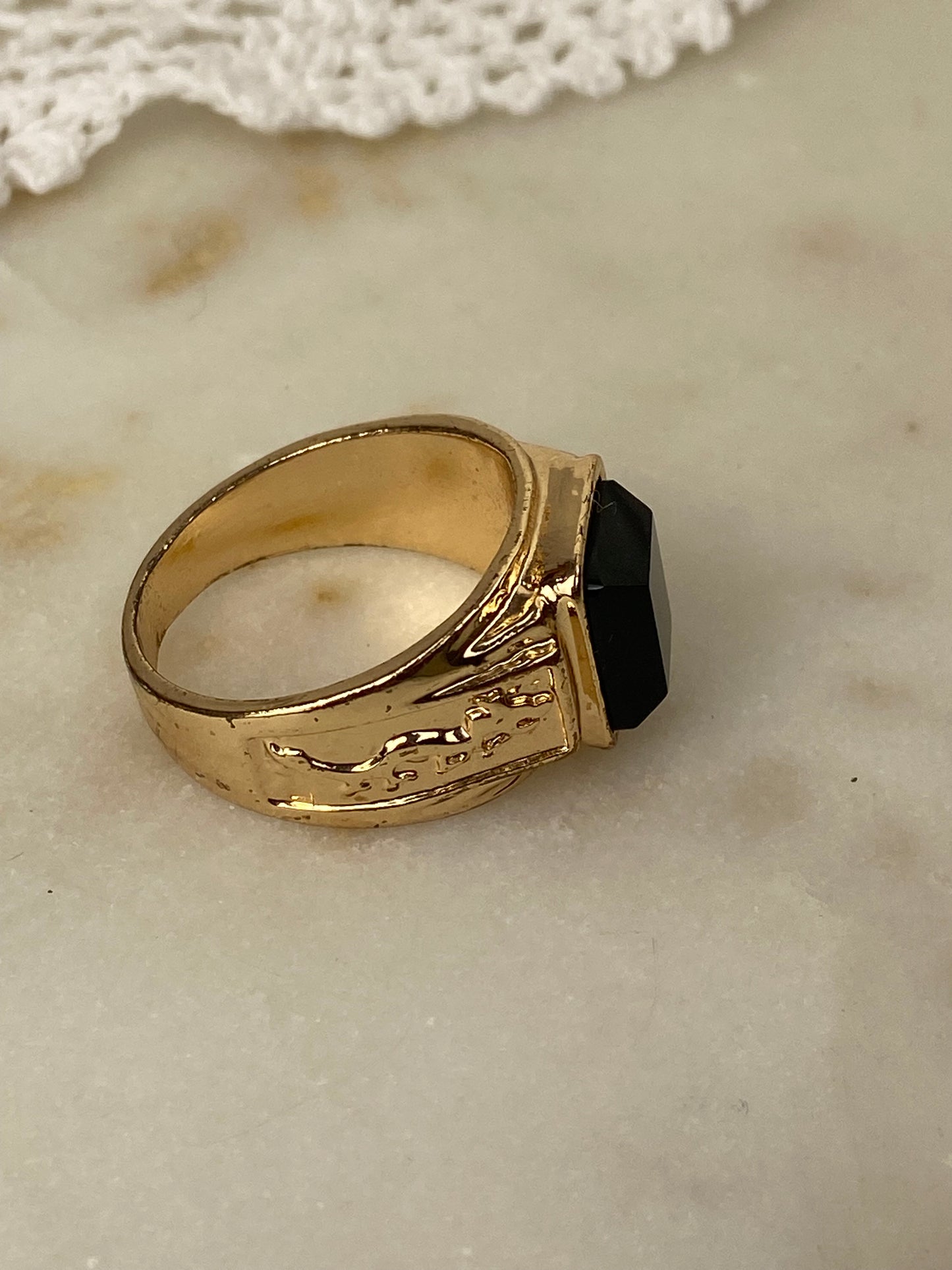Men’s Black and Gold-Tone Ring with Double Dragon Embossed Band
