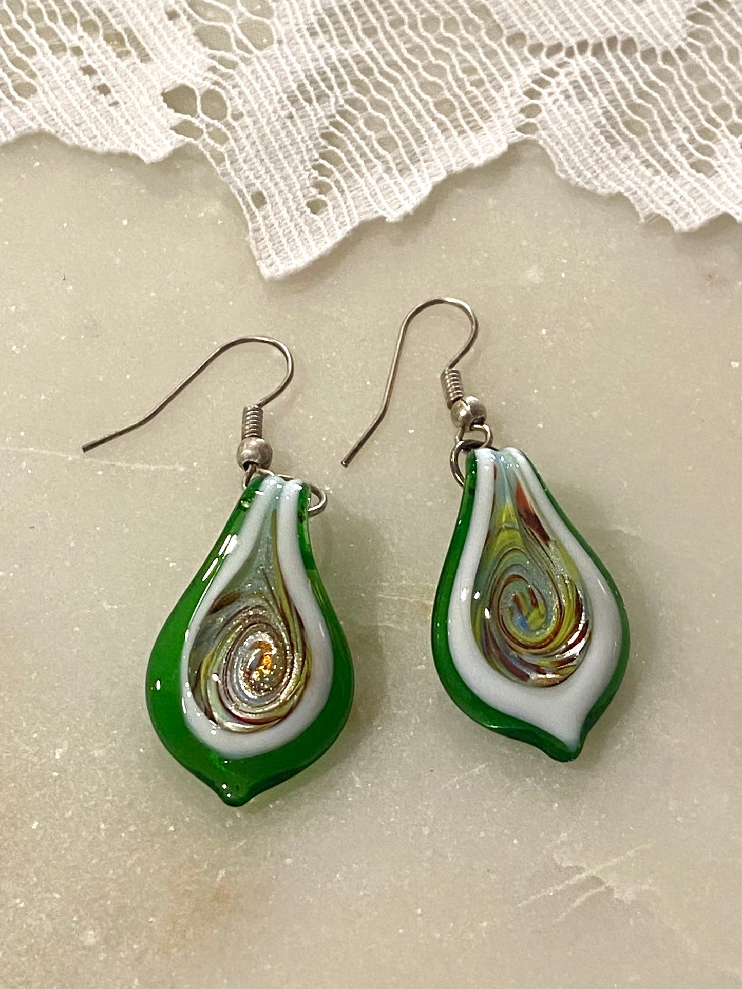 Lamp Turned Green Glass Earrings (Swirl)
