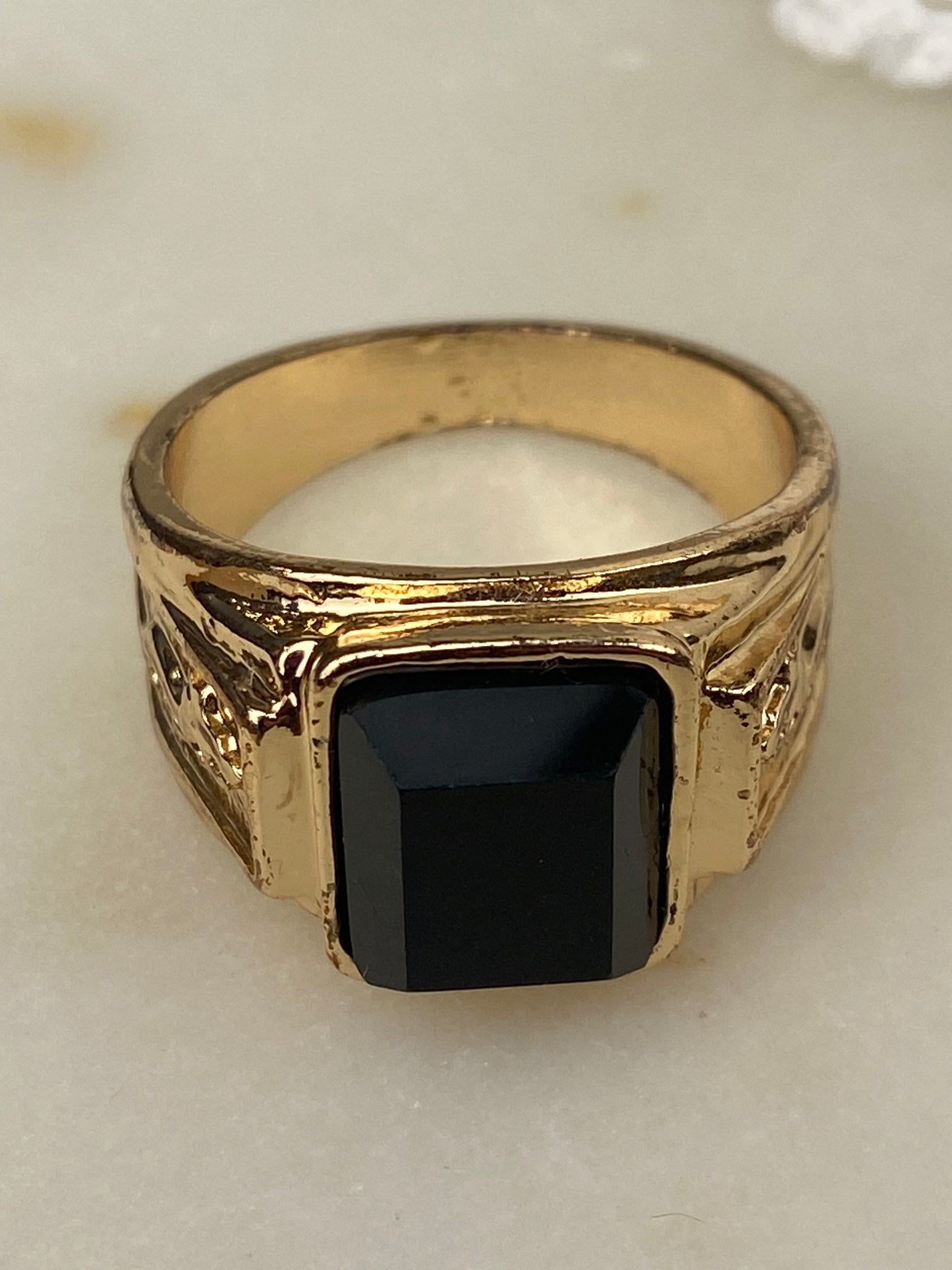 Men’s Black and Gold-Tone Ring with Double Dragon Embossed Band