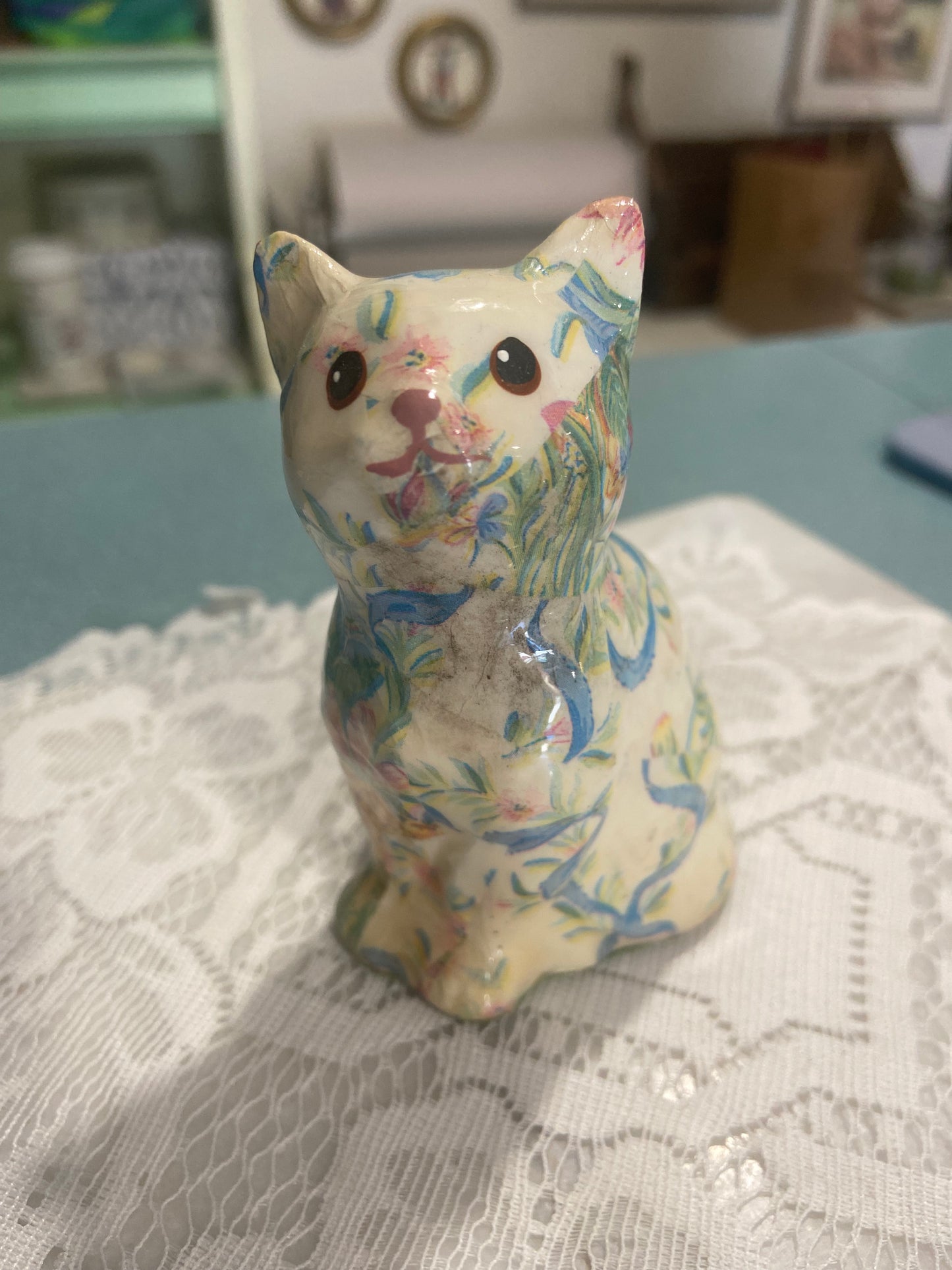 Vintage Decoupage Cat Figurine by Linda Edgington
