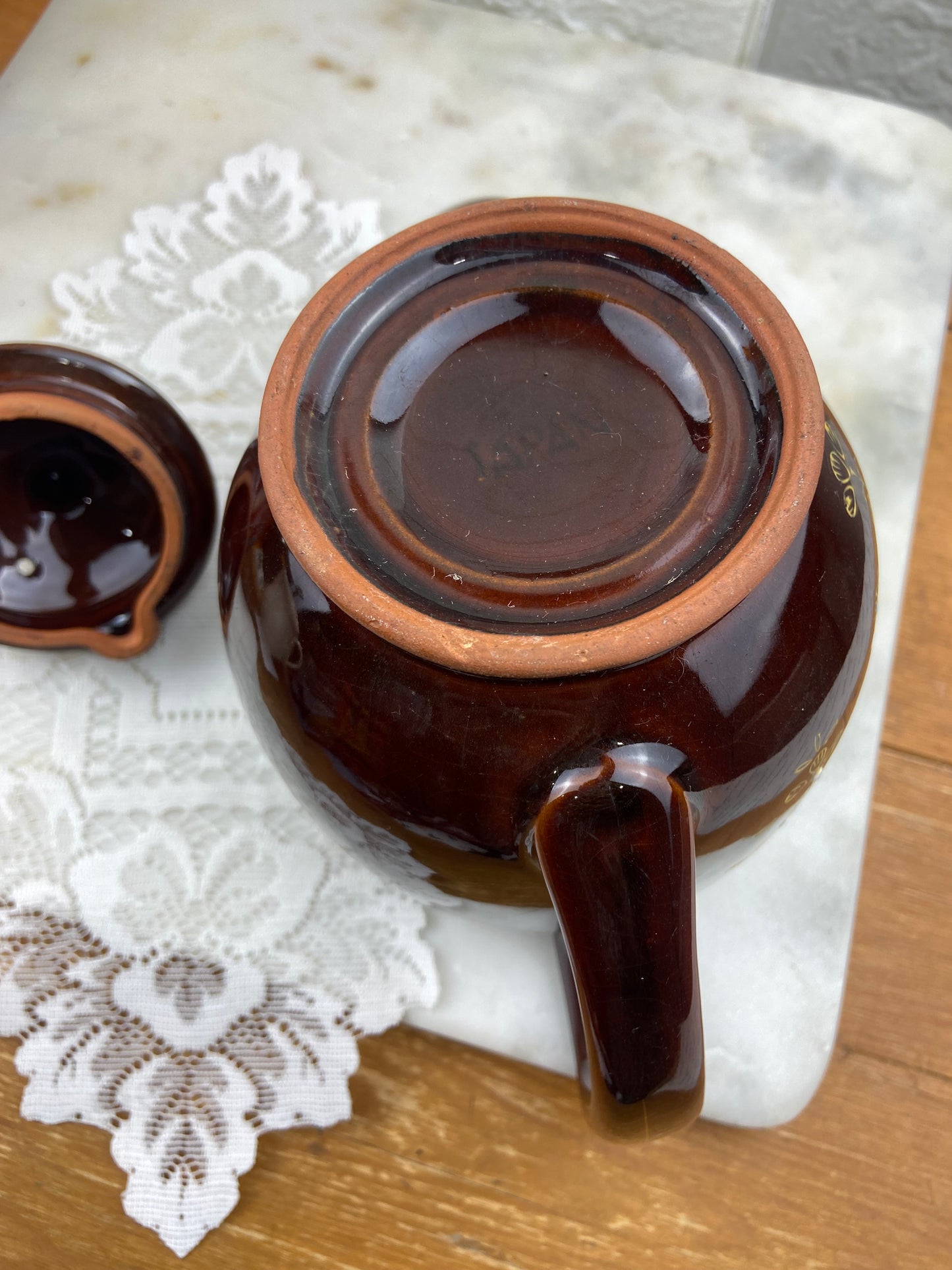 Japanese Redware | Small Brown Teapot with Hand Painted Enamel & Gold-Tone Design