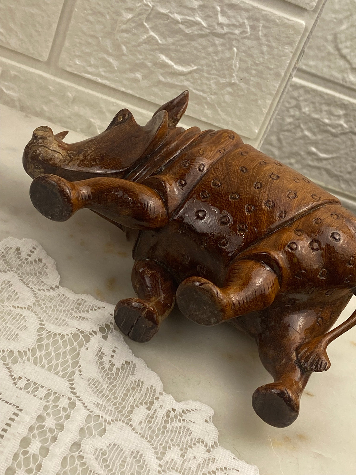 Hand Carved Wooden Rhinoceros Figurine