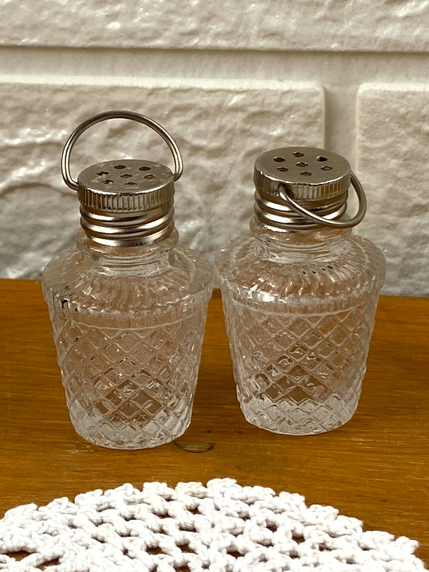Pair of Mini Glass Salt & Pepper Shakers with Metal Handle