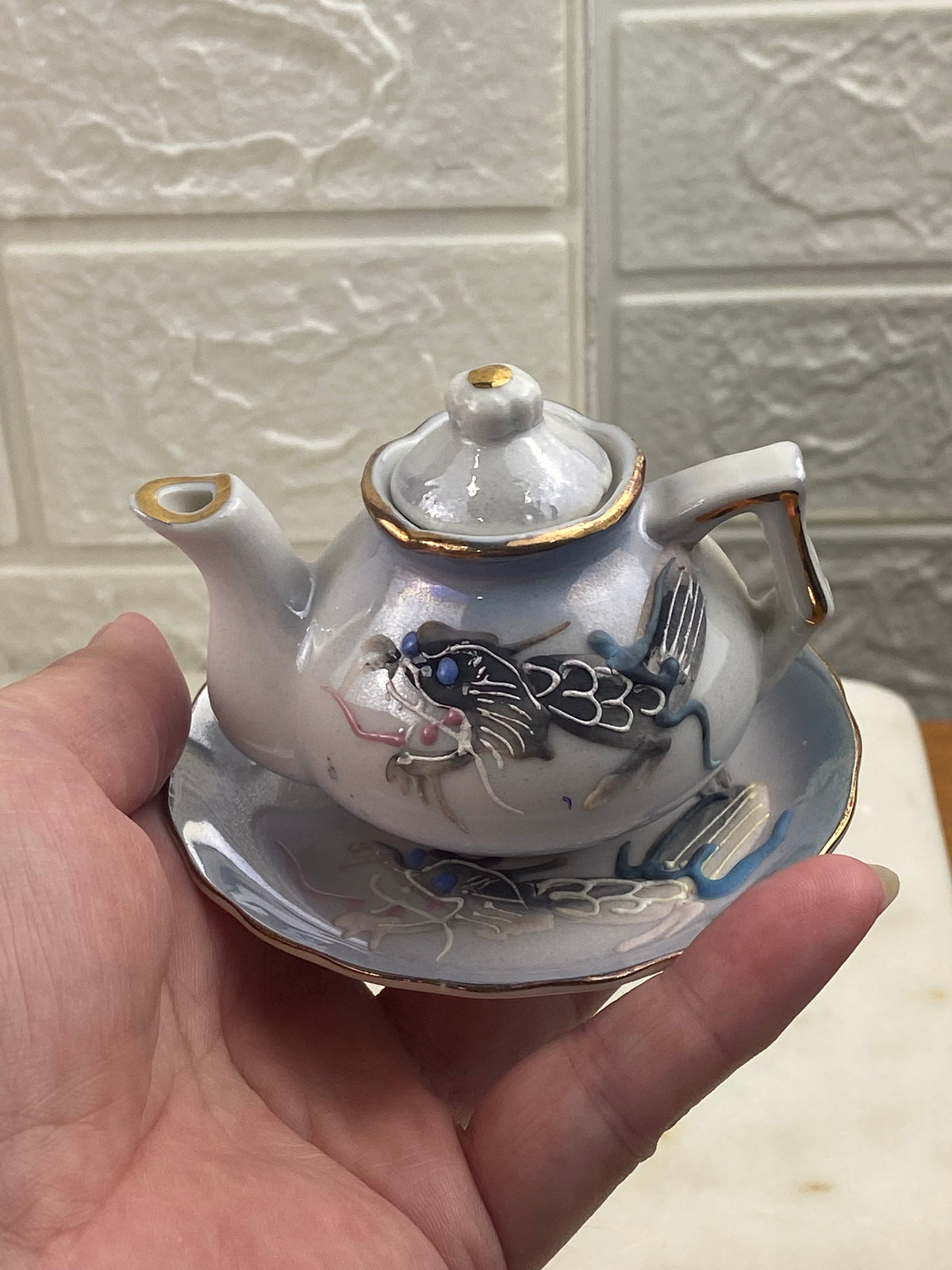 Hand Painted Porcelain Mini Teapot with Matching Plate | Textured Dragon with Irridescent Glaze