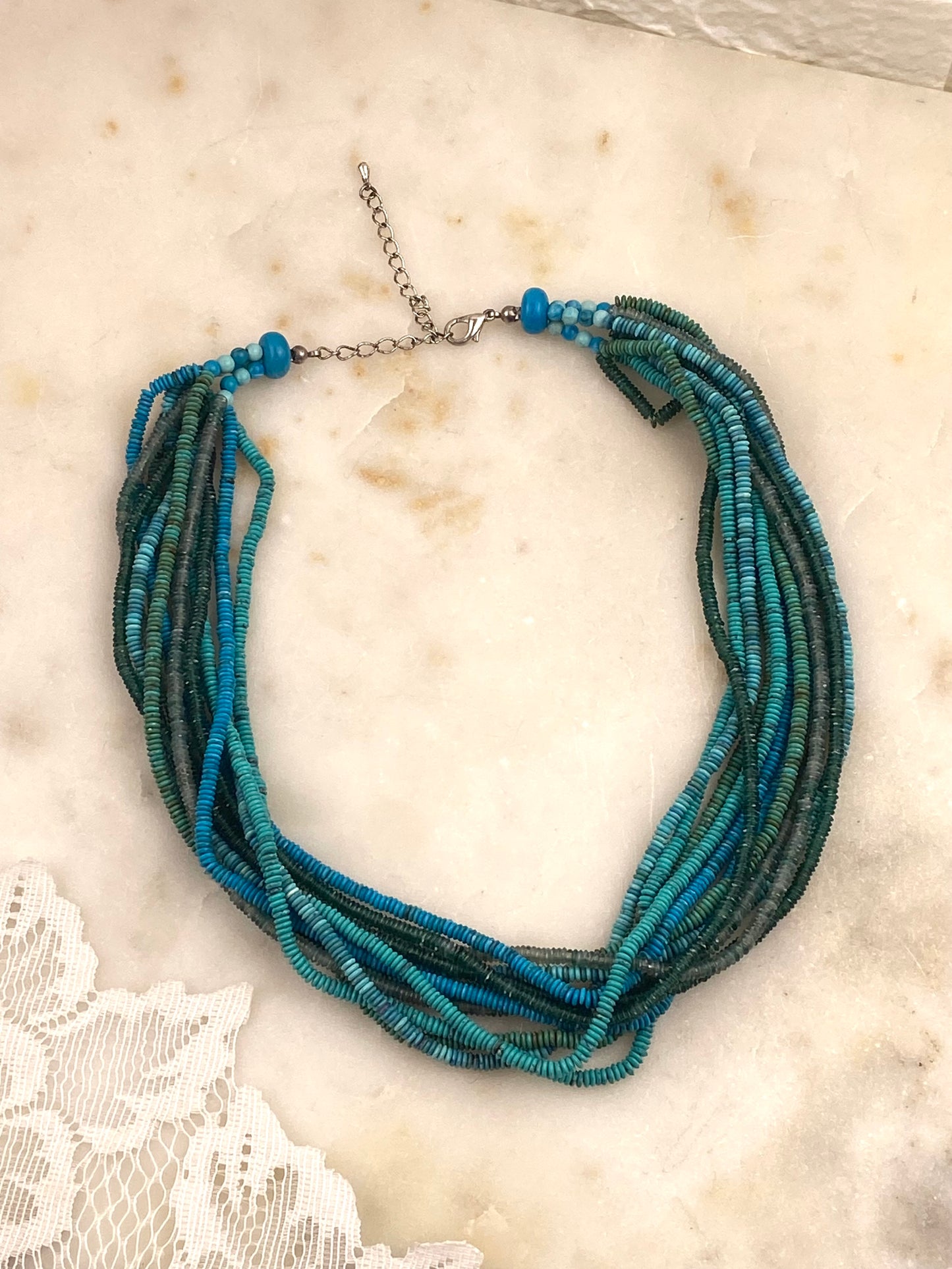 Plastic Seed-Bead Multi-Strand Necklace in Ocean Colours