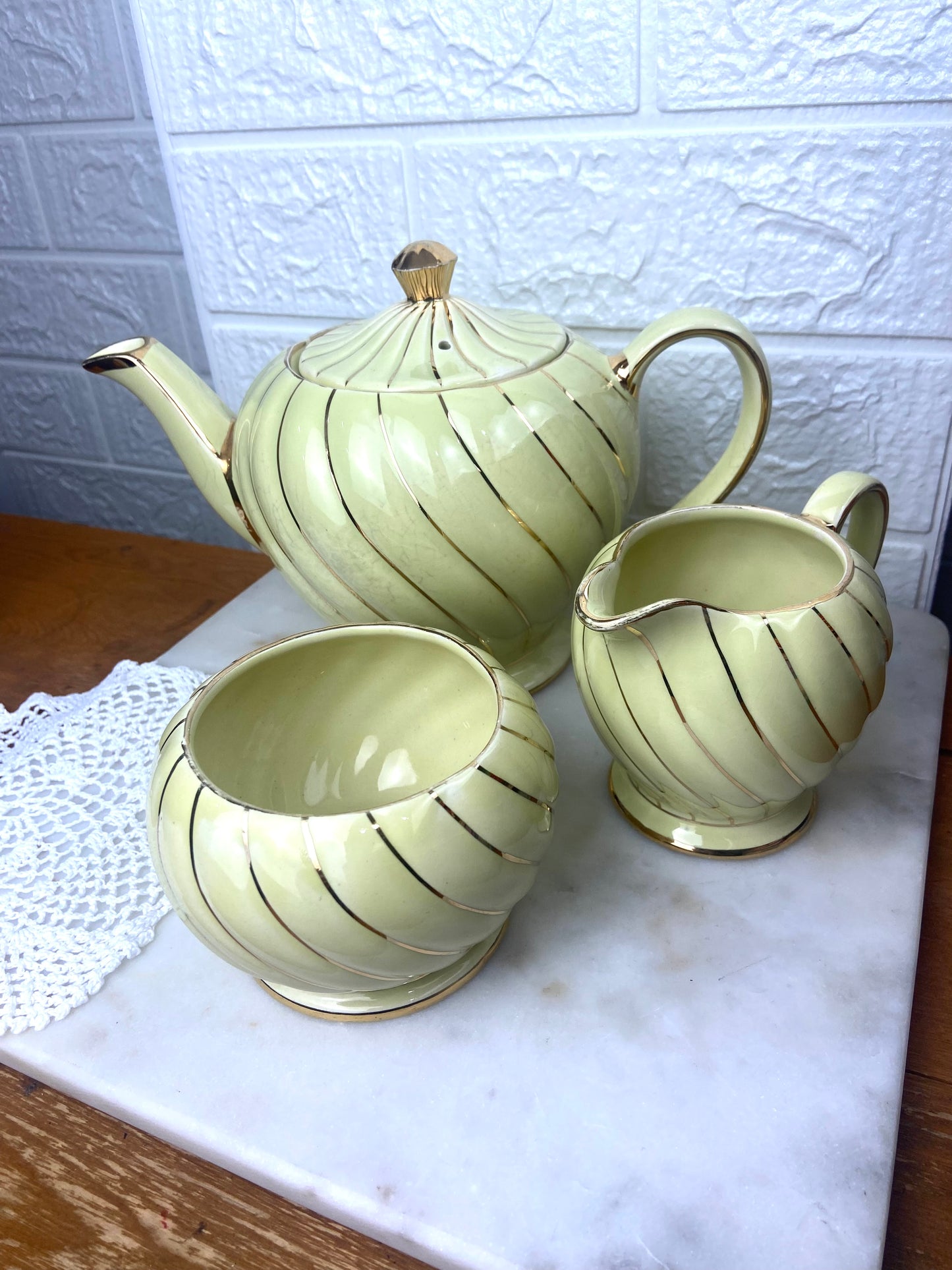 Sadler Yellow Rippled Teapot with Open Sugar Bowl and Creamer Set