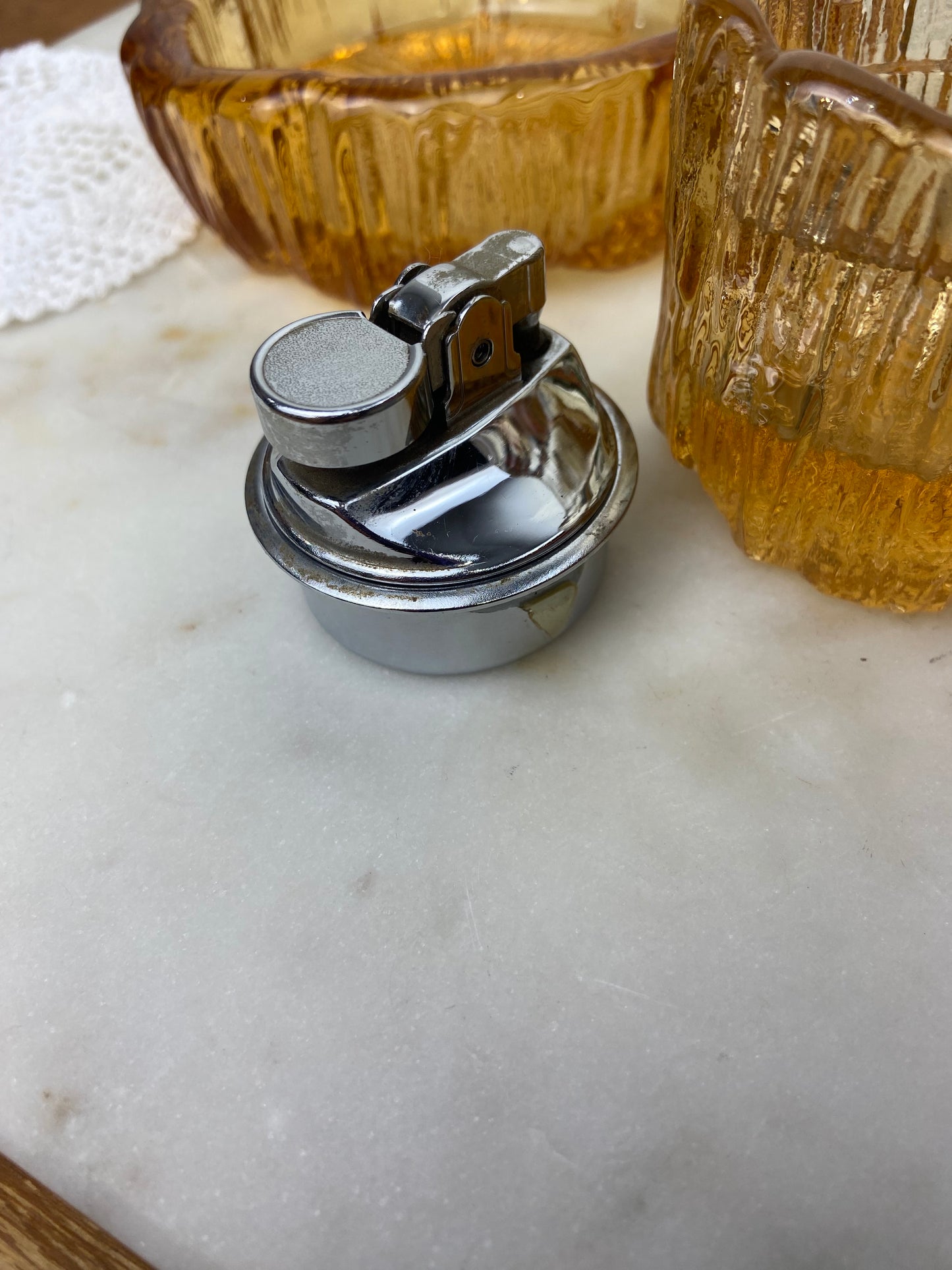 Amber Glass Ashtray and Lighter Set; MCM