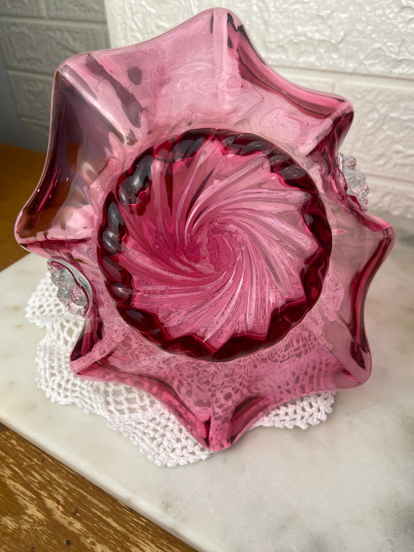 Ruffled Pink Glass Basket with Textured Handle