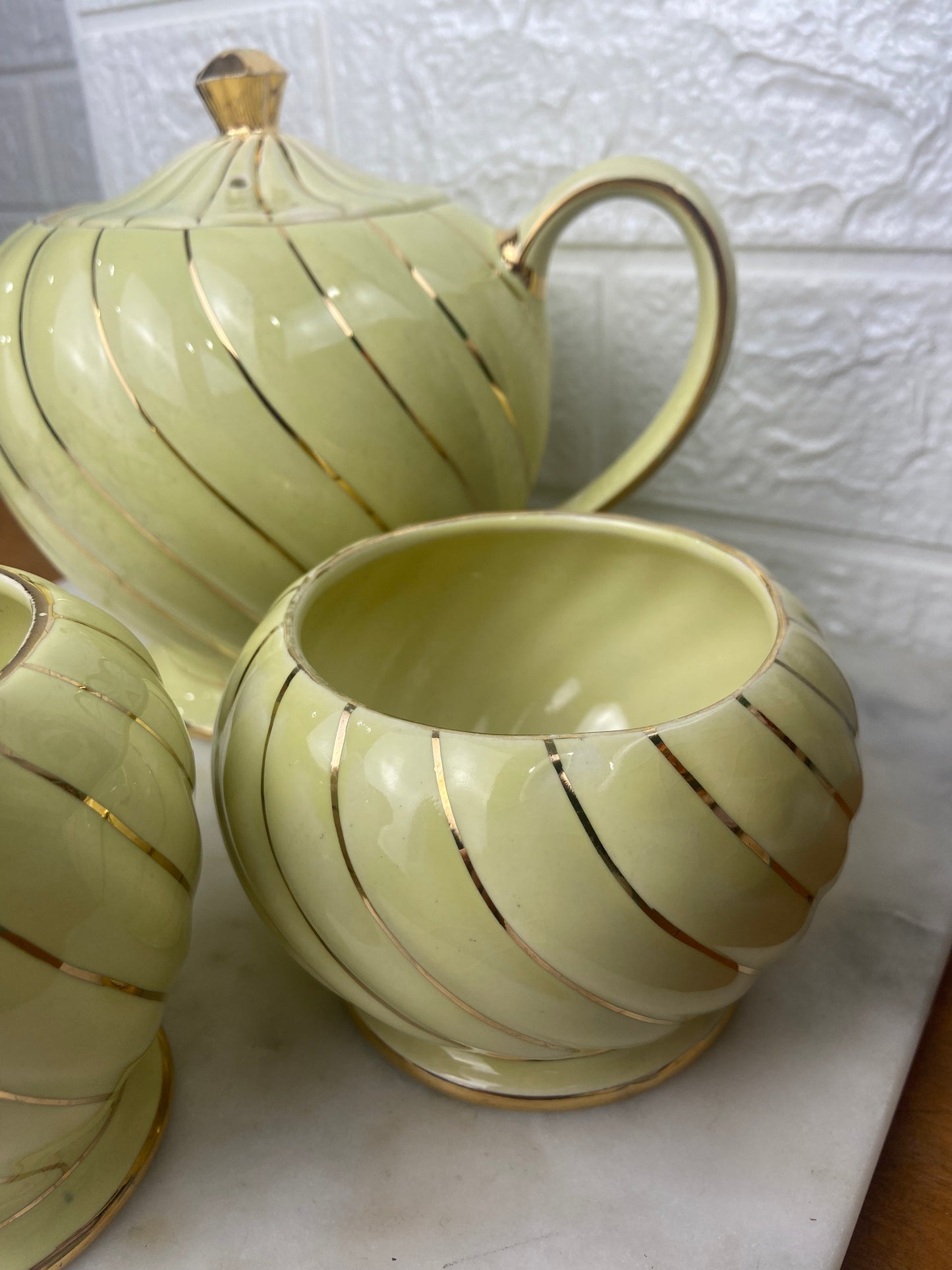Sadler Yellow Rippled Teapot with Open Sugar Bowl and Creamer Set