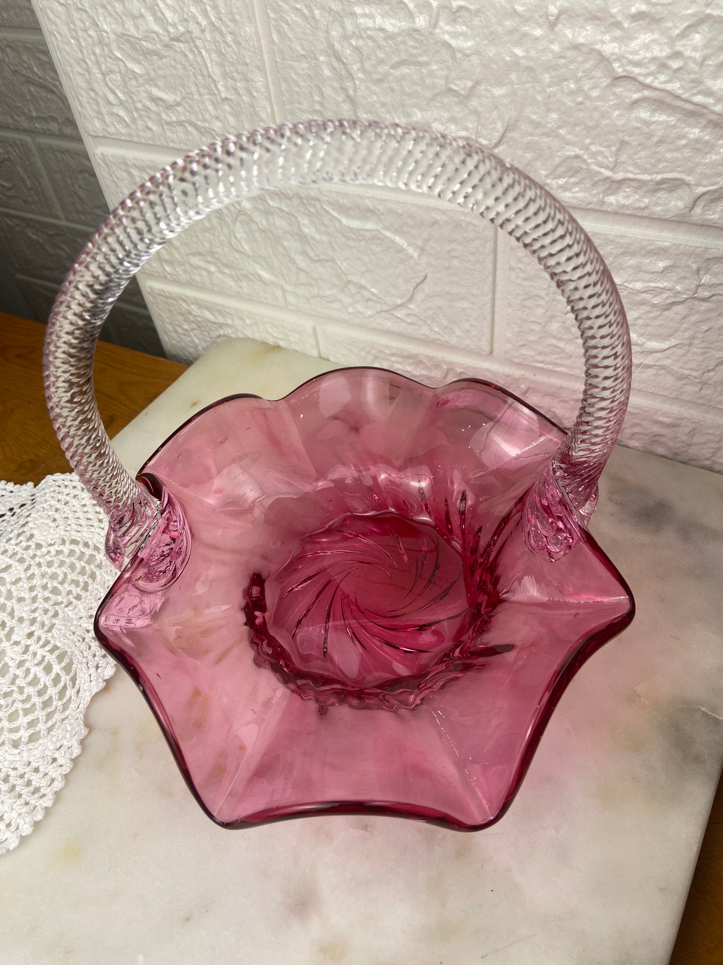 Ruffled Pink Glass Basket with Textured Handle