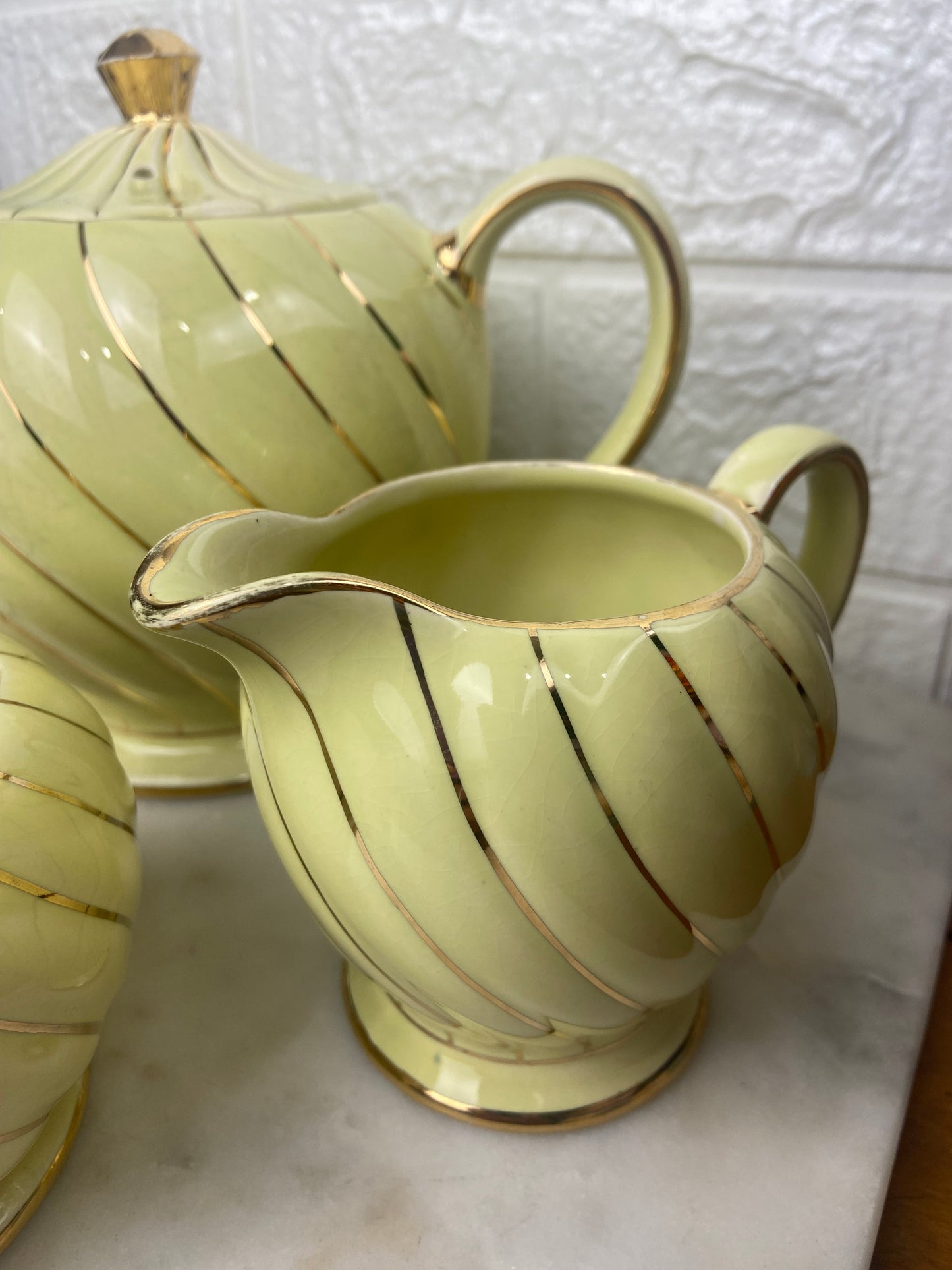 Sadler Yellow Rippled Teapot with Open Sugar Bowl and Creamer Set