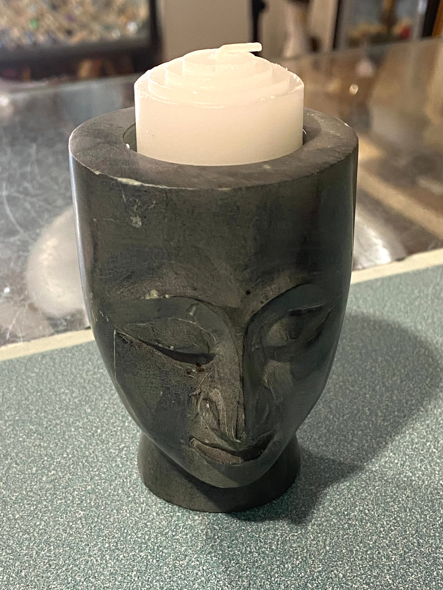 Small Carved Stone Head Candle Holder