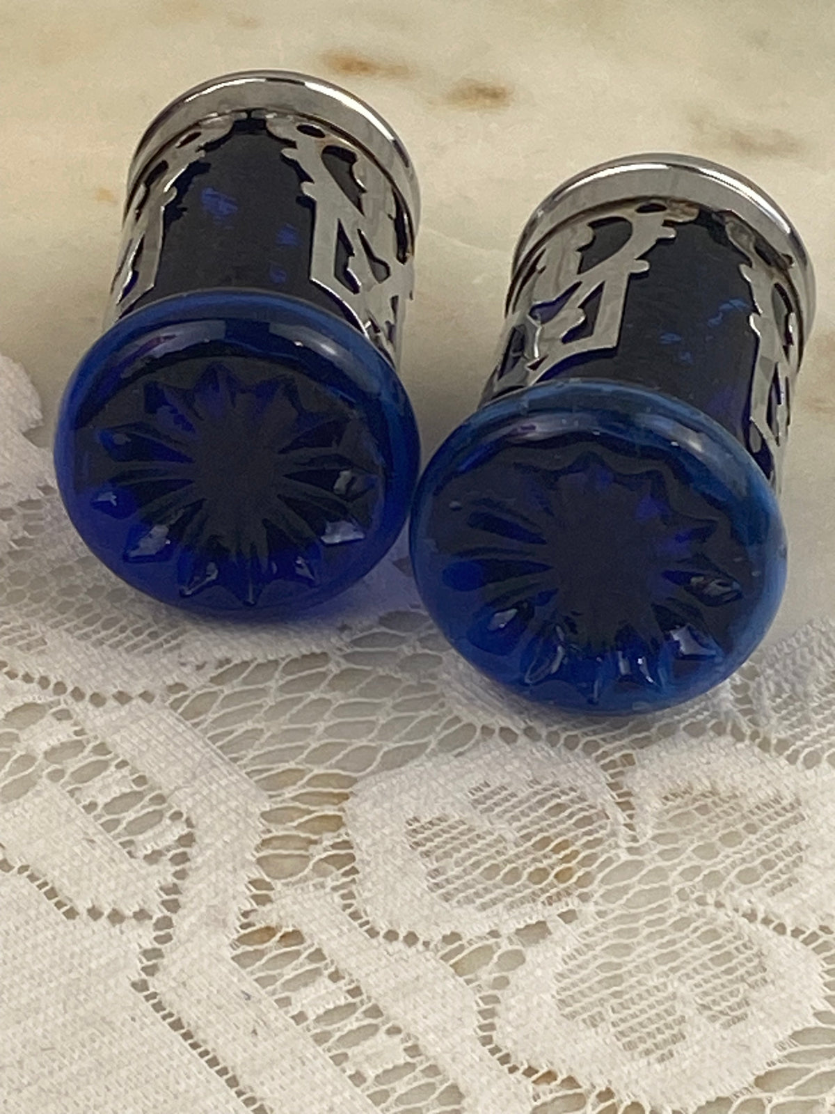 Cobalt Blue Glass Salt & Pepper Shakers with Silver-Tone Screw-Top Metal Lids with Filagree Design