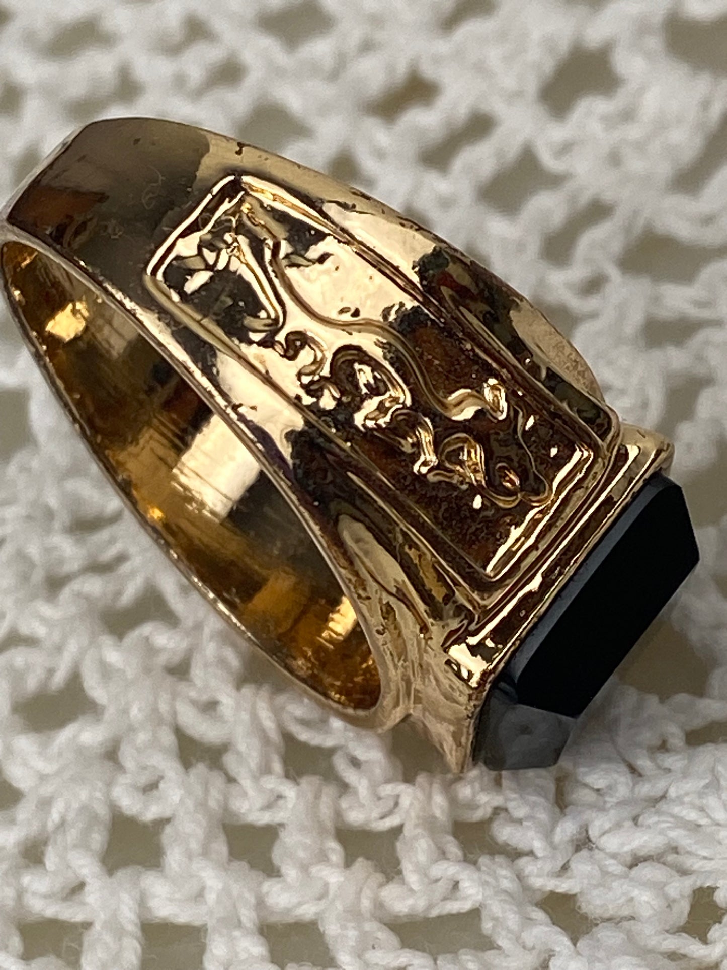 Men’s Black and Gold-Tone Ring with Double Dragon Embossed Band