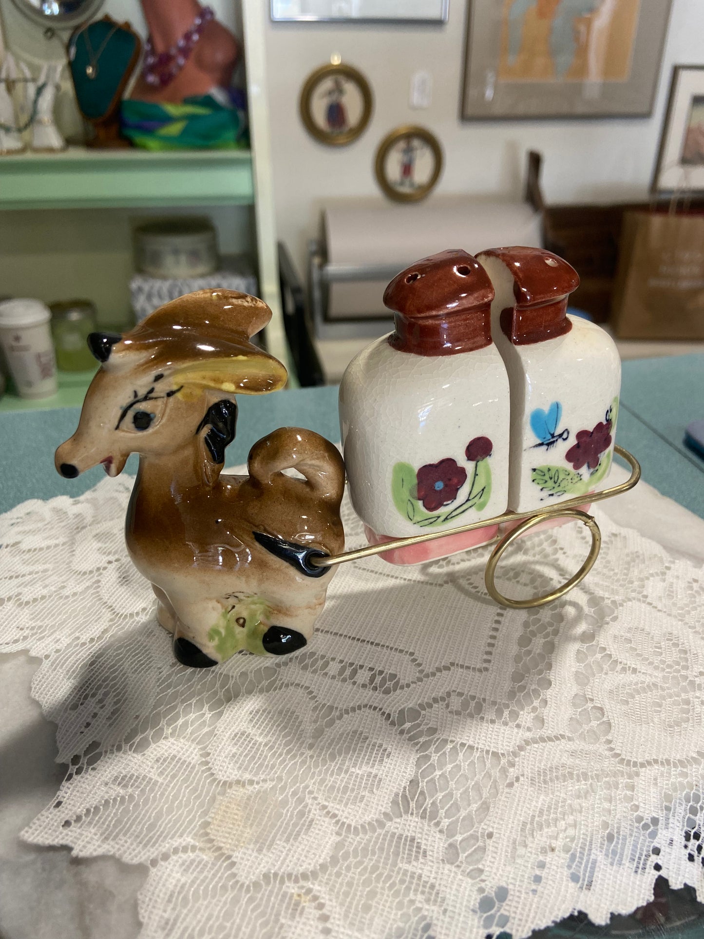 Porcelain Donkey and Cart Salt & Pepper Shakers