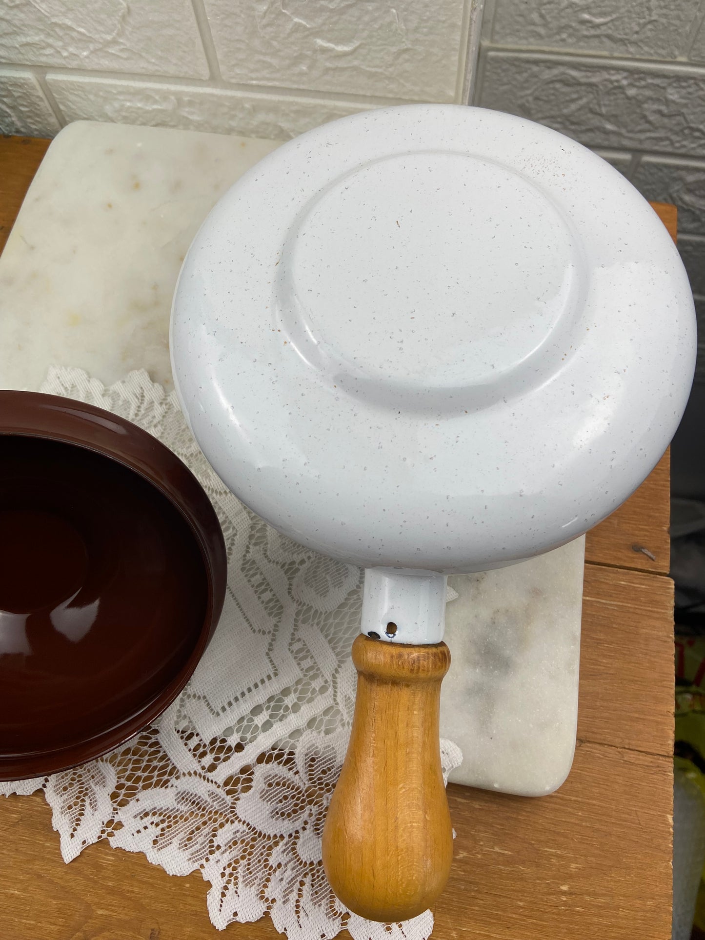 Enamel Saucepan / Fondue Pot with Lid and Wooden Handles | MCM