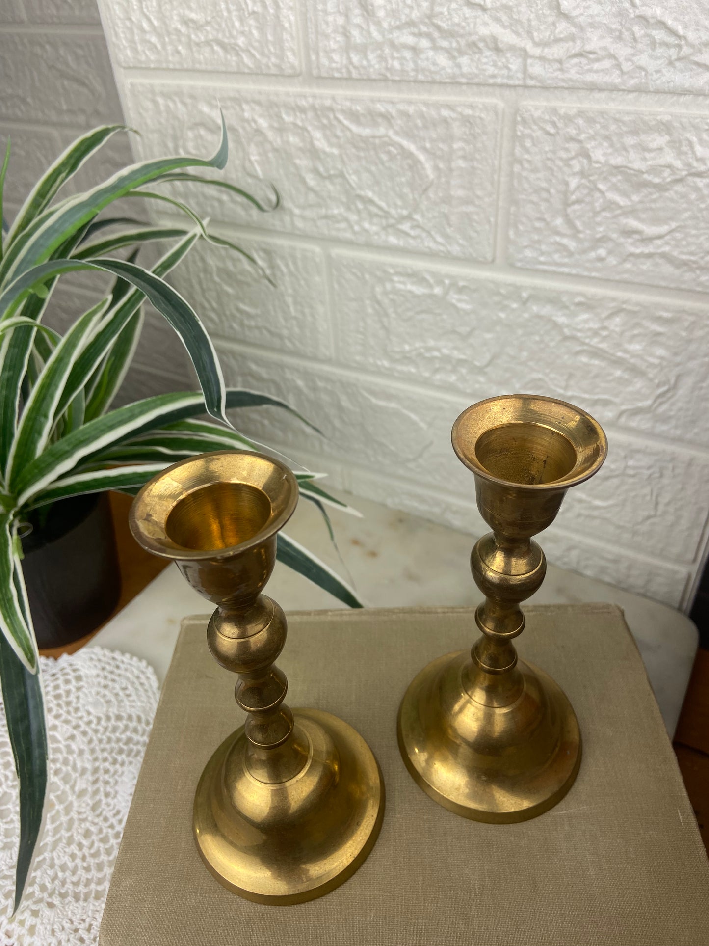 Pair of Sculpted Brass Tapered Candlestick Holders