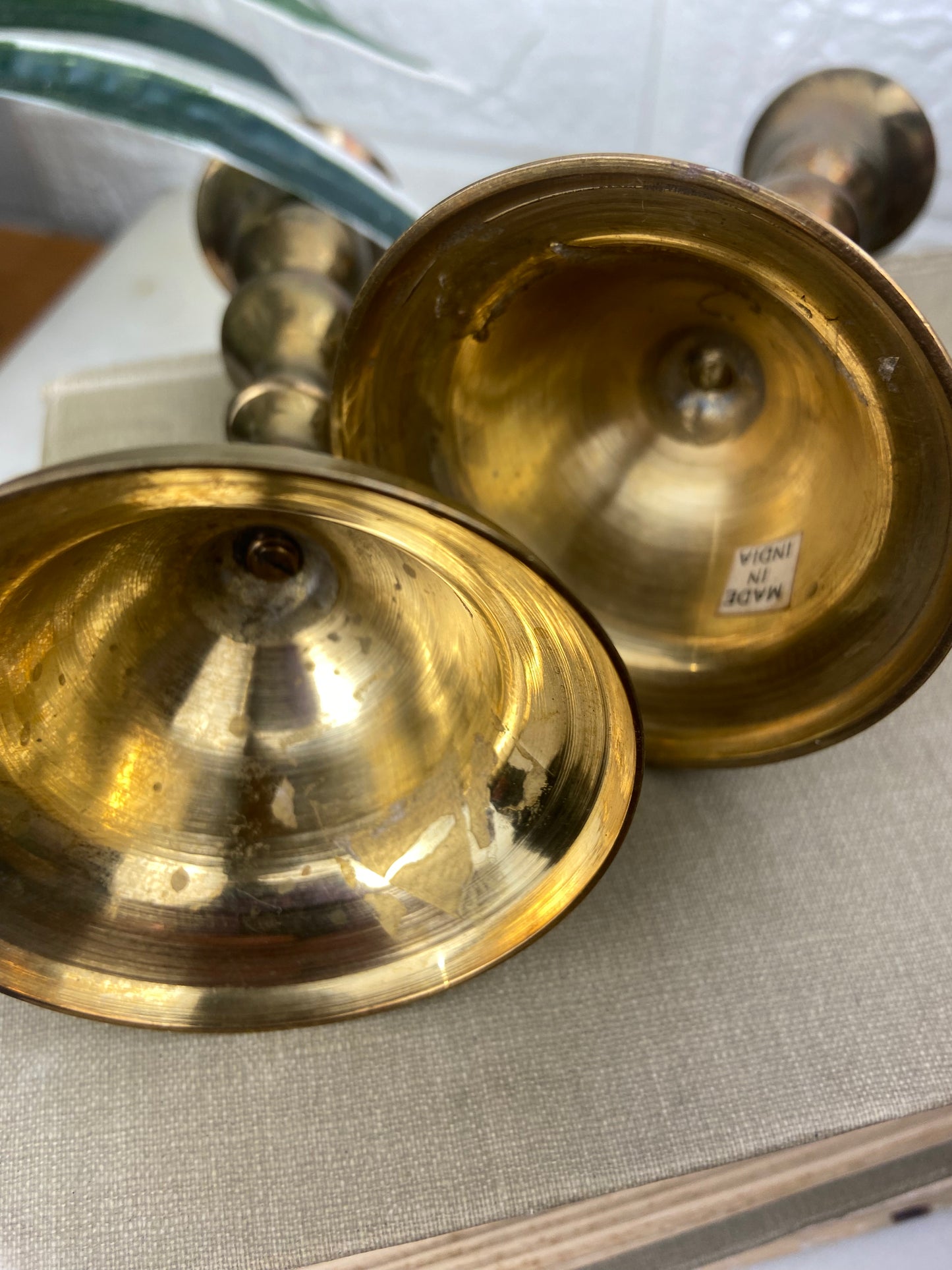 Pair of Sculpted Brass Tapered Candlestick Holders