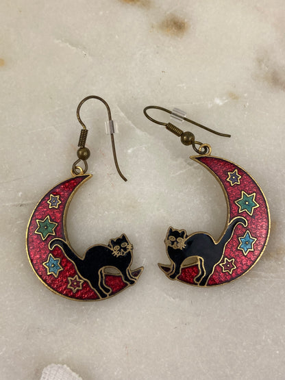 Gold Plate Stefano Cloisonne Earrings | Back Cats on Red Moons [Hooks]