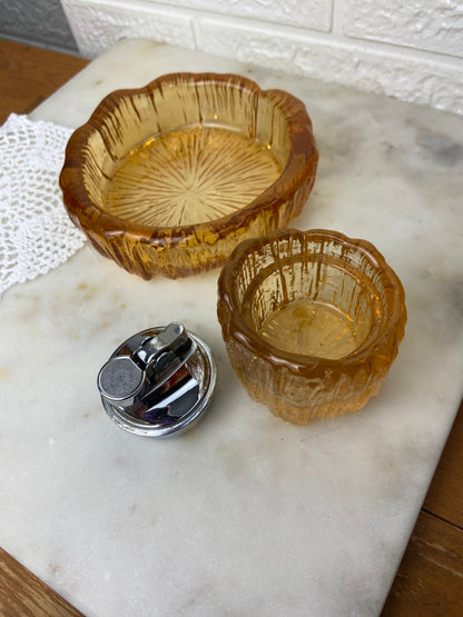 Amber Glass Ashtray and Lighter Set; MCM