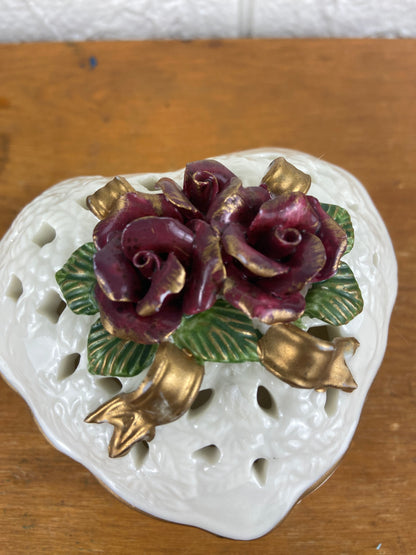 Ceramic Heart-Shaped Trinket Box with Floral Accents