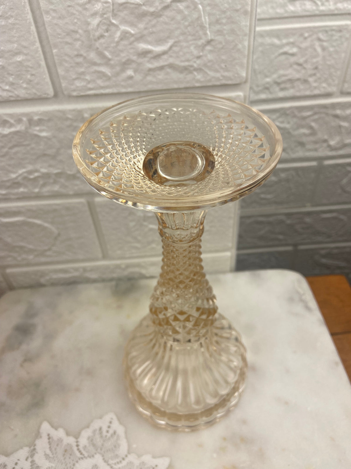 8” Champagne-Coloured Pressed Glass Bella Pedestal Candle Holder
