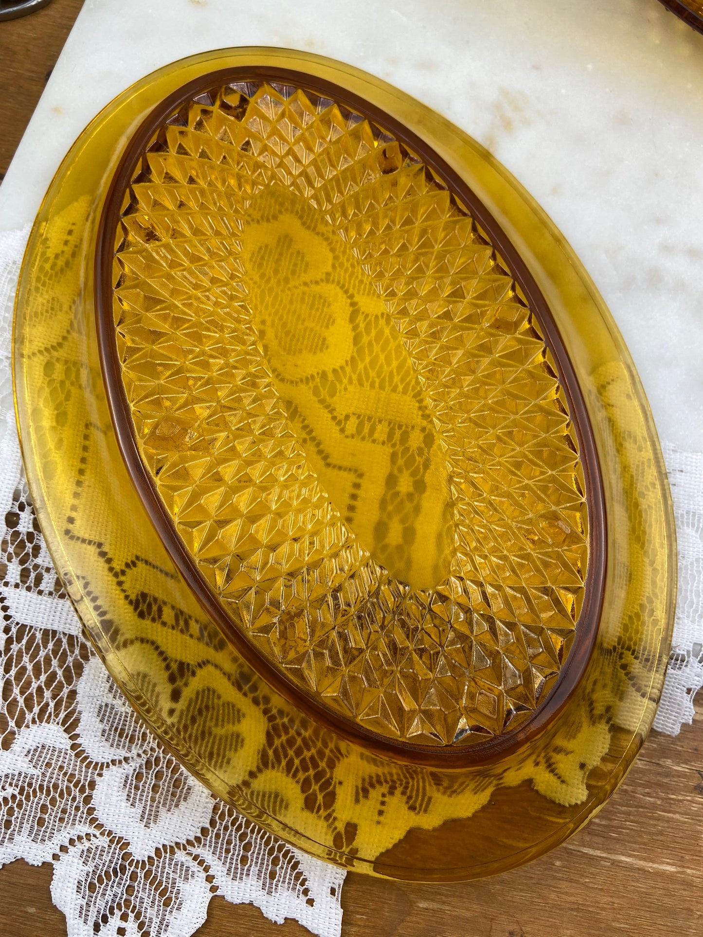 Vintage Amber Glass Covered Butter Dish by Indiana Glass Company | Diamond Point Pattern MCM