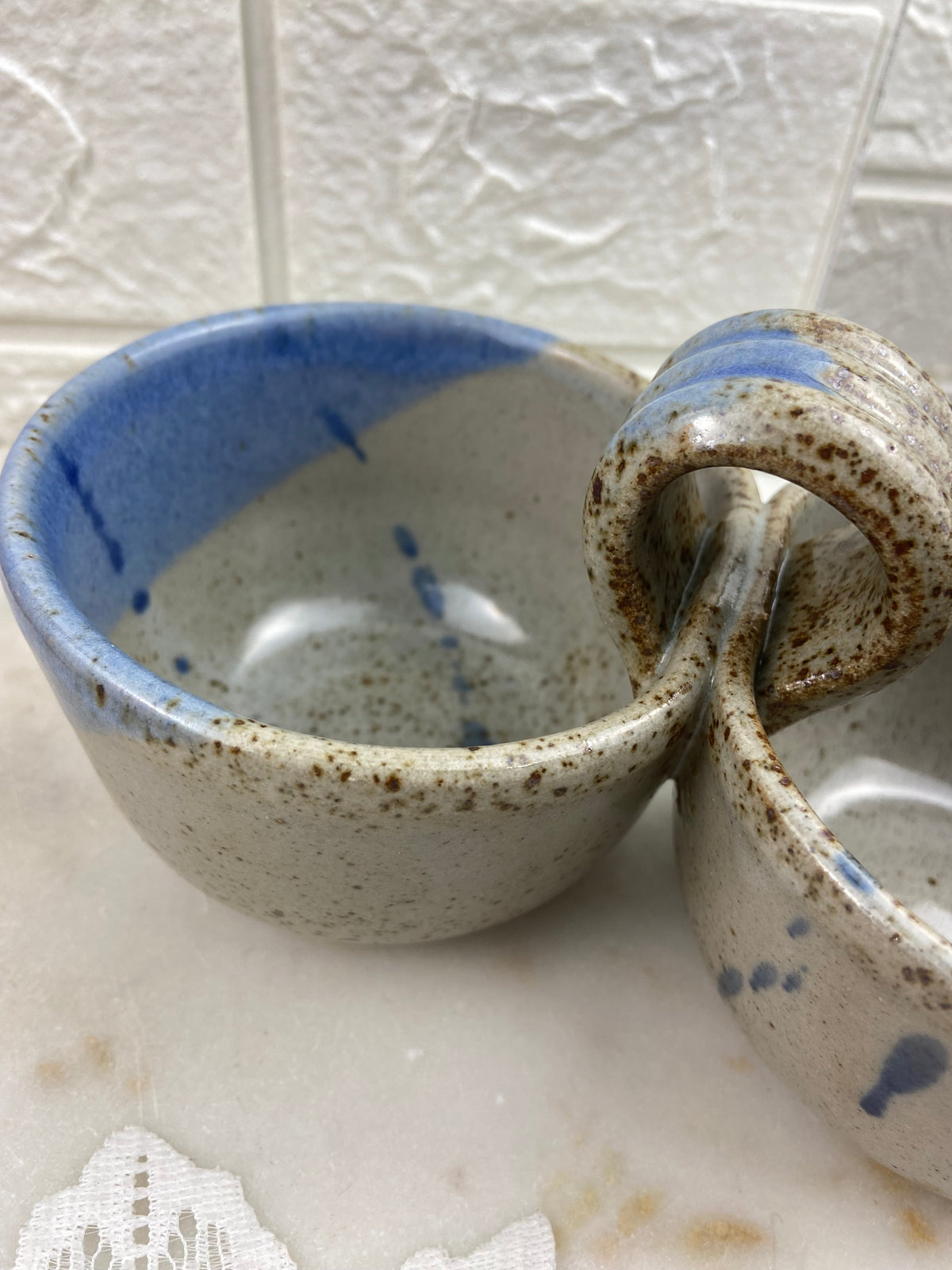 Handmade Speckled Double Condiment Dish with Loop Handle | Studio Pottery