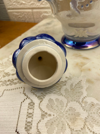 Hand Painted Blue & Cream Ceramic Teapot with 3D Flowers