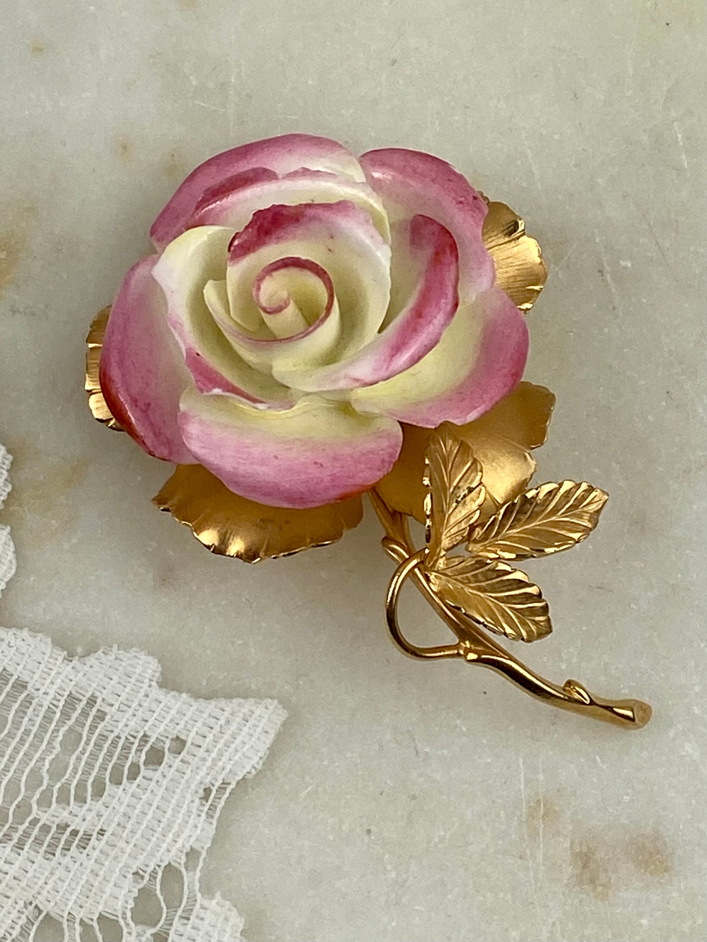 Giovanni Designer Brooch | Hand Painted Pink & Cream Porcelain Rose with Gold-Tone Stem and Leaves