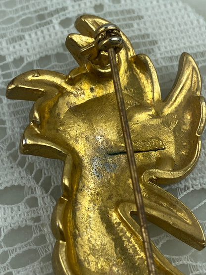 Gold-Tone Woodpecker Brooch with Enamel Crest and Rhinestones