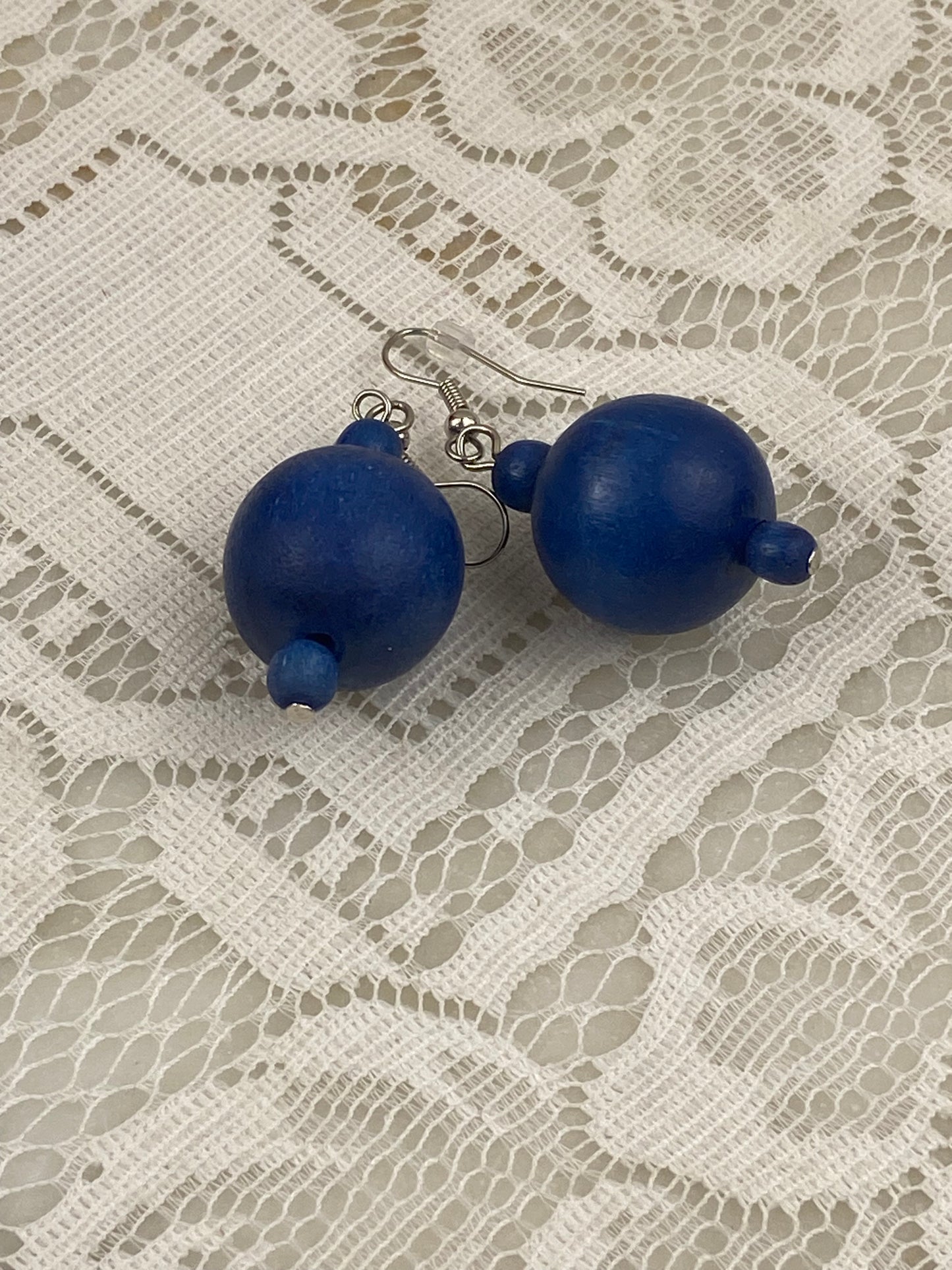 Hand Painted Blue Wooden Bead Earrings [Hooks]