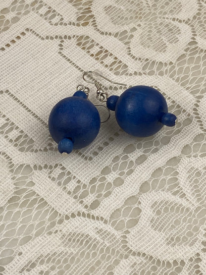 Hand Painted Blue Wooden Bead Earrings [Hooks]