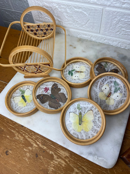 Bamboo Wicker Drink Coaster Set with Butterflies