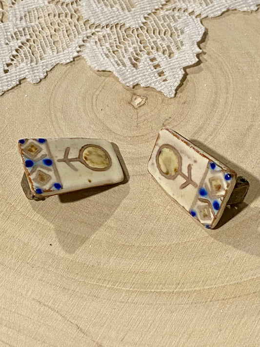 Handmade Clay Earrings with Stick Figures by Karin Og Aase of Denmark [Clip-Ons]