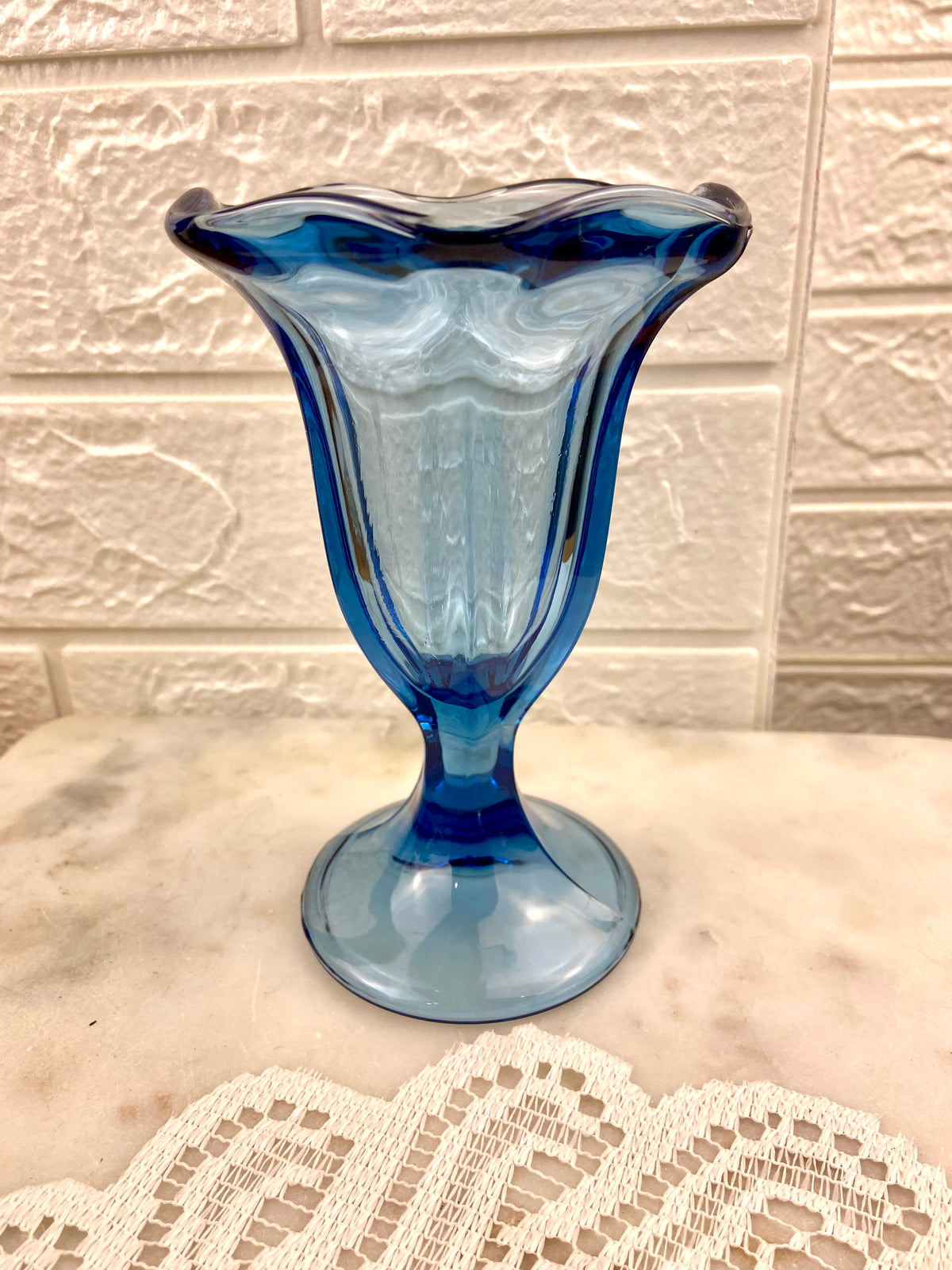 Anchor Hocking Fountainware Blue Sundae Glass with Ruffled Rim