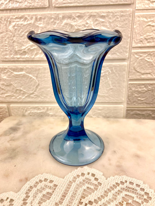 Anchor Hocking Fountainware Blue Sundae Glass with Ruffled Rim