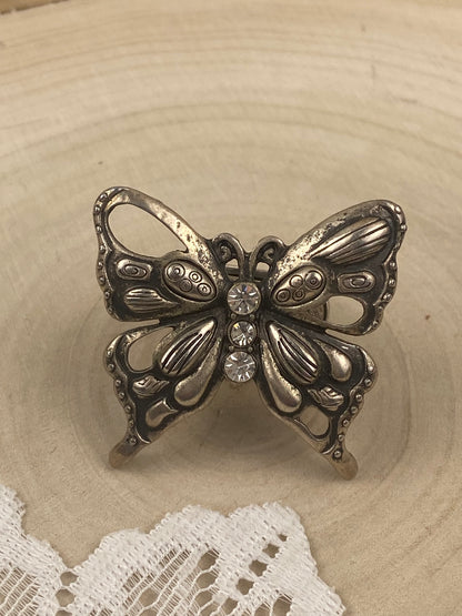 Large Metal Butterfly Ring with Rhinestones and Stretchy Band [Size 6+]