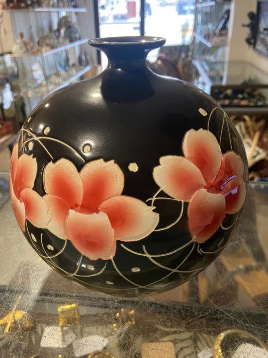 Chinese Porcelain Black and Floral Round Vase