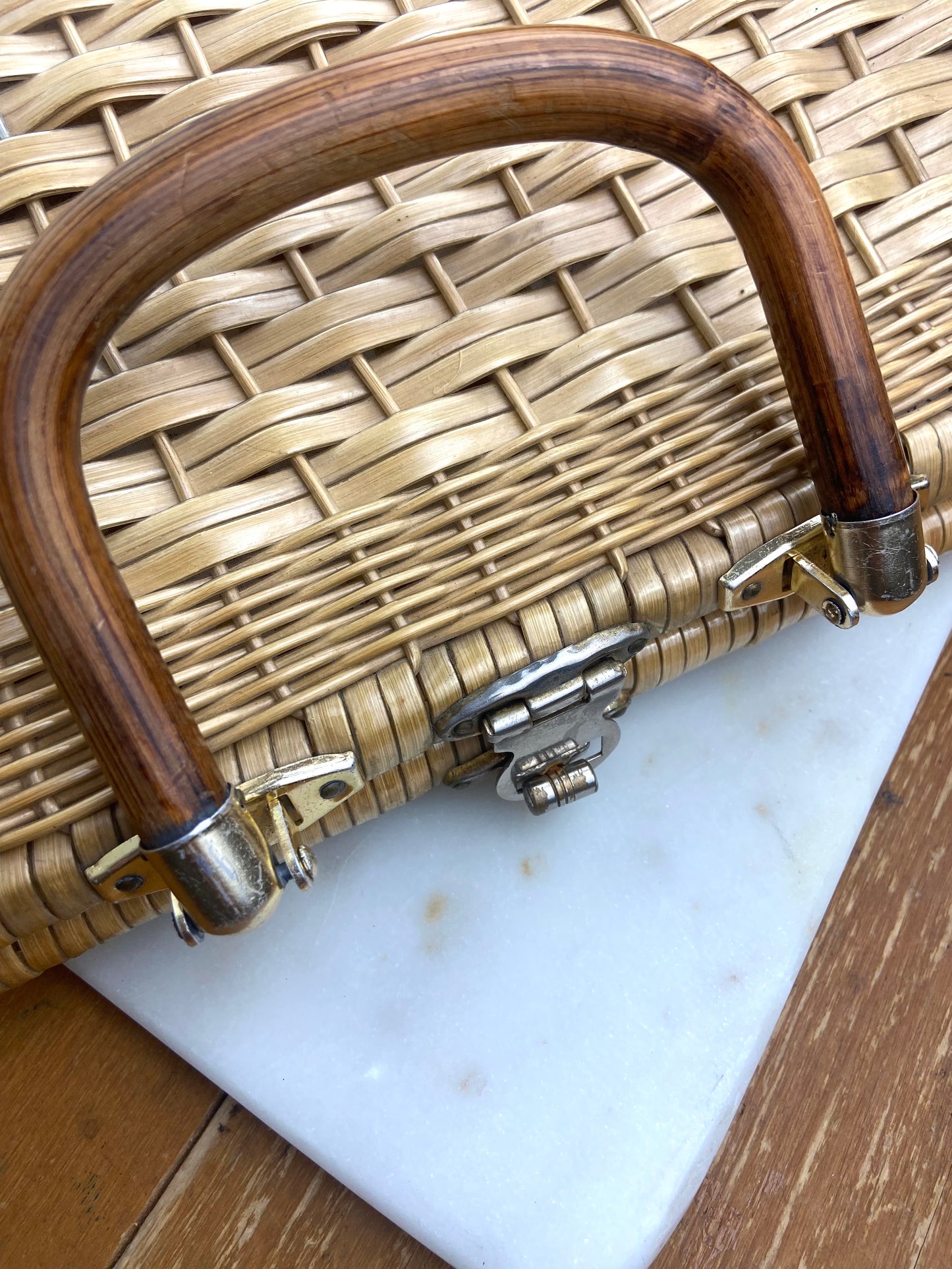 Plastic Coated Wicker Purse with Bamboo Handle