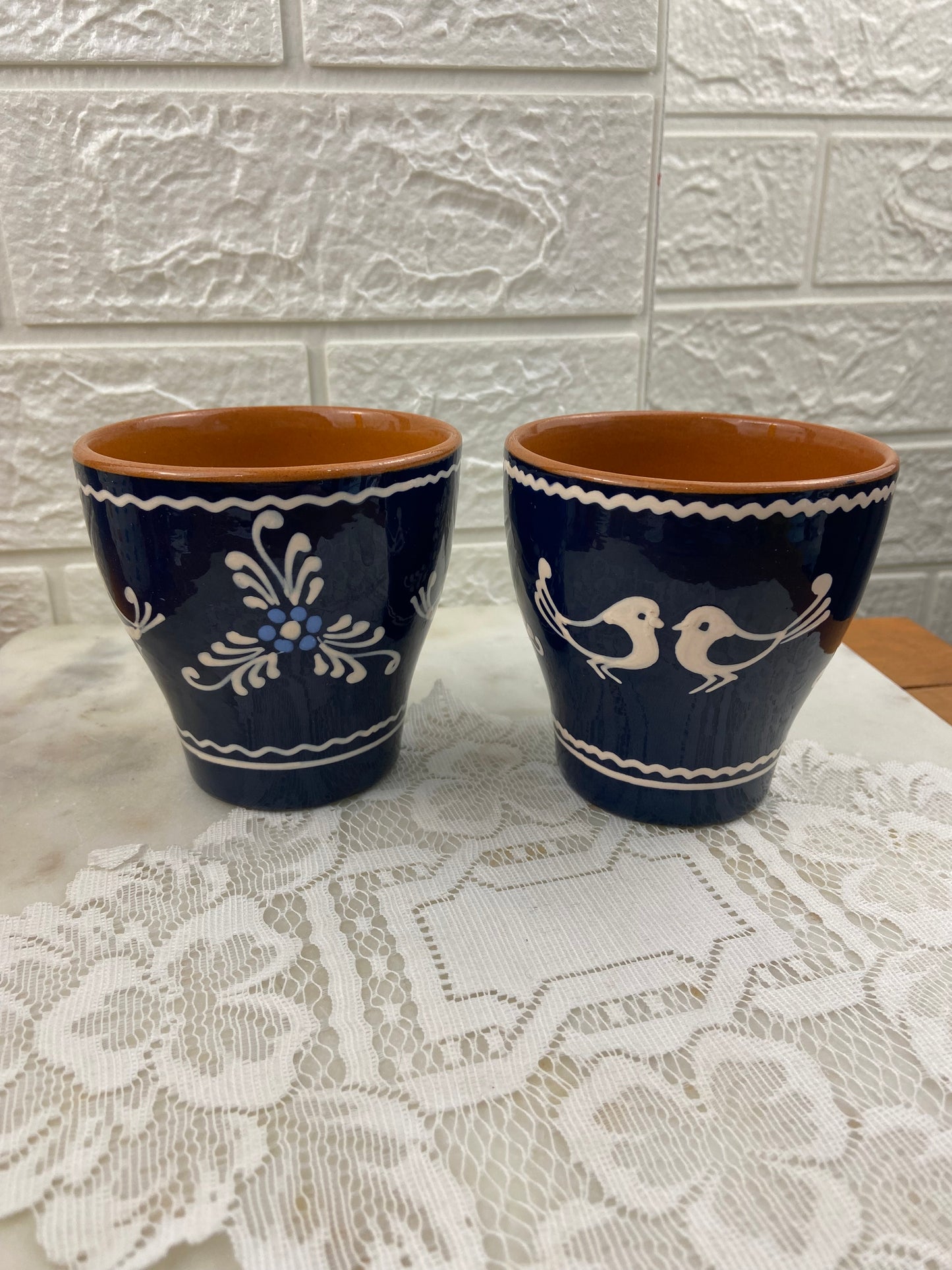 Pair of Hand Painted Red Clay Pottery Mugs | Love Birds & Floral Design