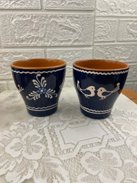 Pair of Hand Painted Red Clay Pottery Mugs | Love Birds & Floral Design