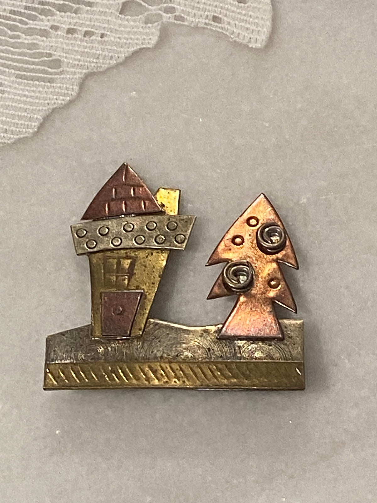 Handmade Mixed Metal House and Tree Brooch