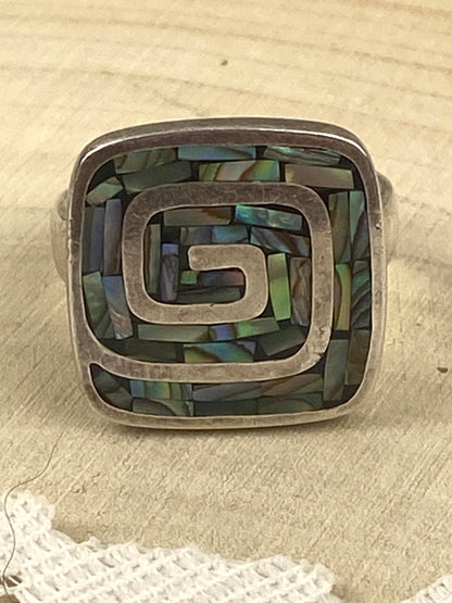 925 Sterling Silver Ring with Square Spiral | Inlaid with Mosaic Abalone Shell