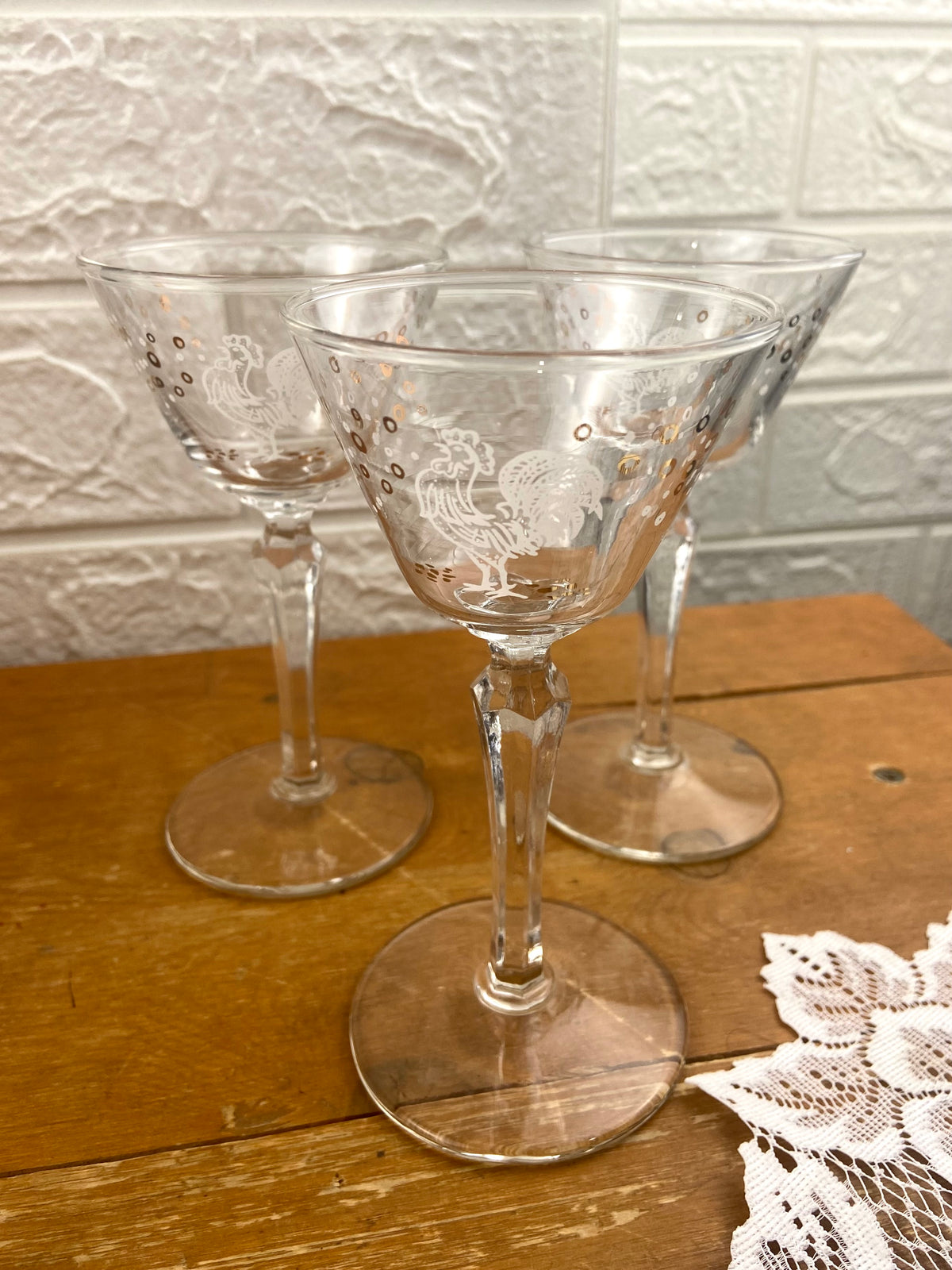 Set of 3 x ‘Chanticleer’ Rooster Cocktail Glasses by Libbey Glass Co.